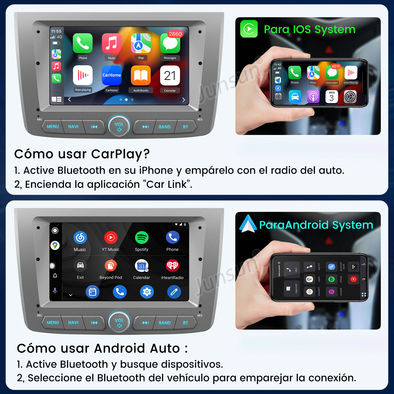 La imagen muestra pantallas de radio de coche y teléfonos con interfaces para CarPlay y Android Auto.