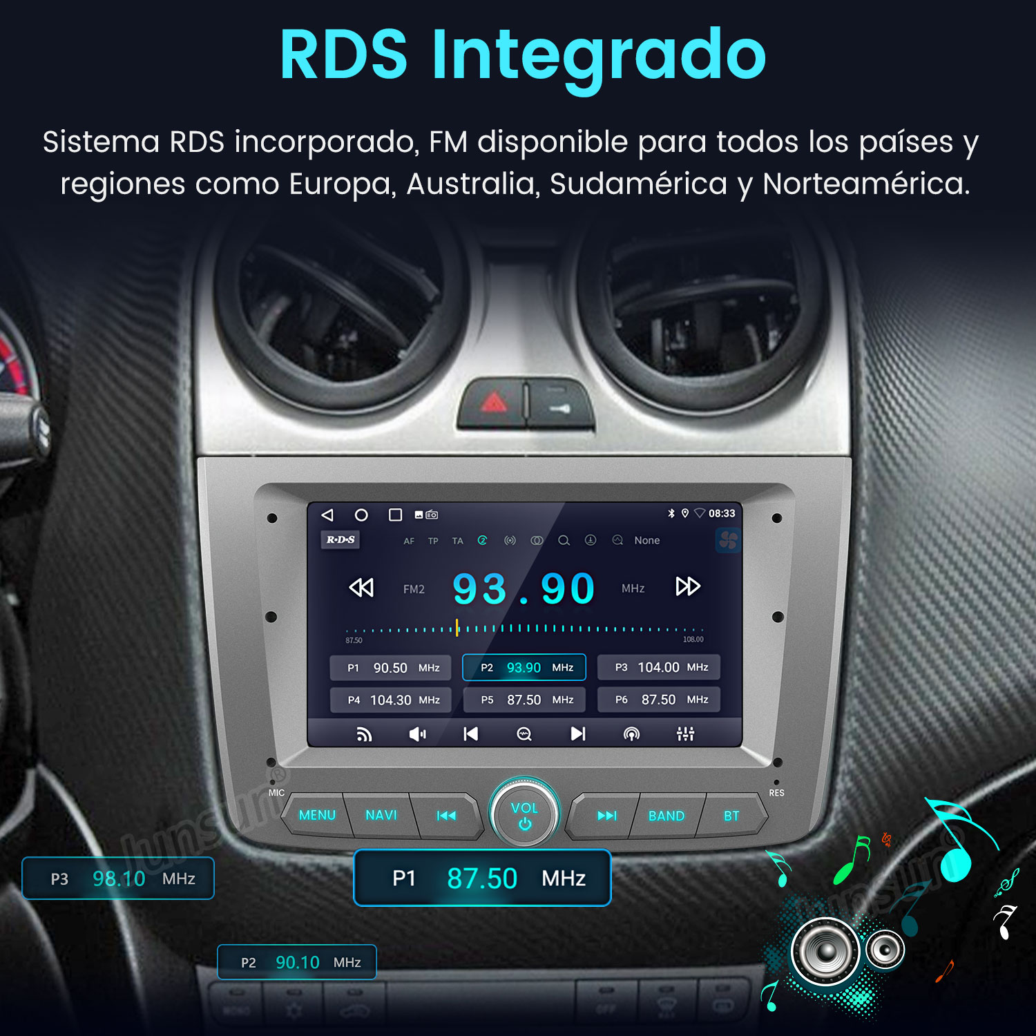 Pantalla de radio de coche que muestra información de radio FM. Botones para menú, navegación, volumen y selección de banda. RDS Integrado está escrito arriba.
