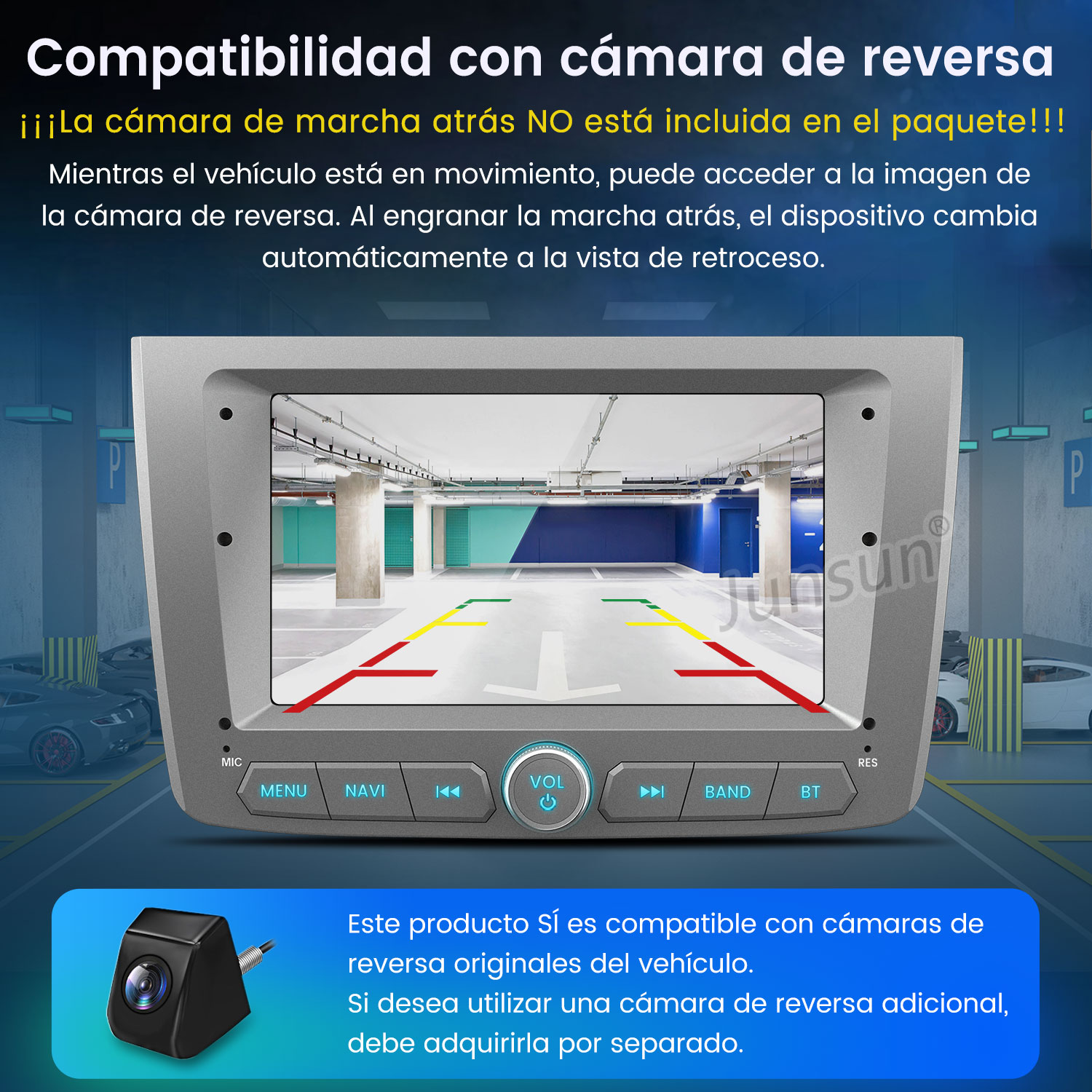 Pantalla de coche mostrando vista de garaje. Cámara abajo. Texto describe la compatibilidad con cámara de marcha atrás.