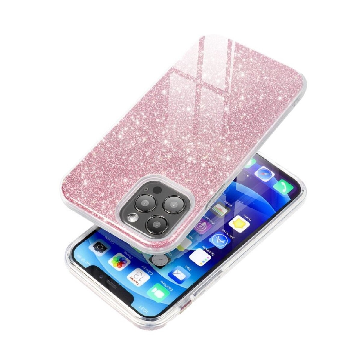 Ein iPhone mit einer rosafarbenen Glitzer-Handyhülle. Das Telefon zeigt App-Symbole. Die Hülle ist leicht angehoben.