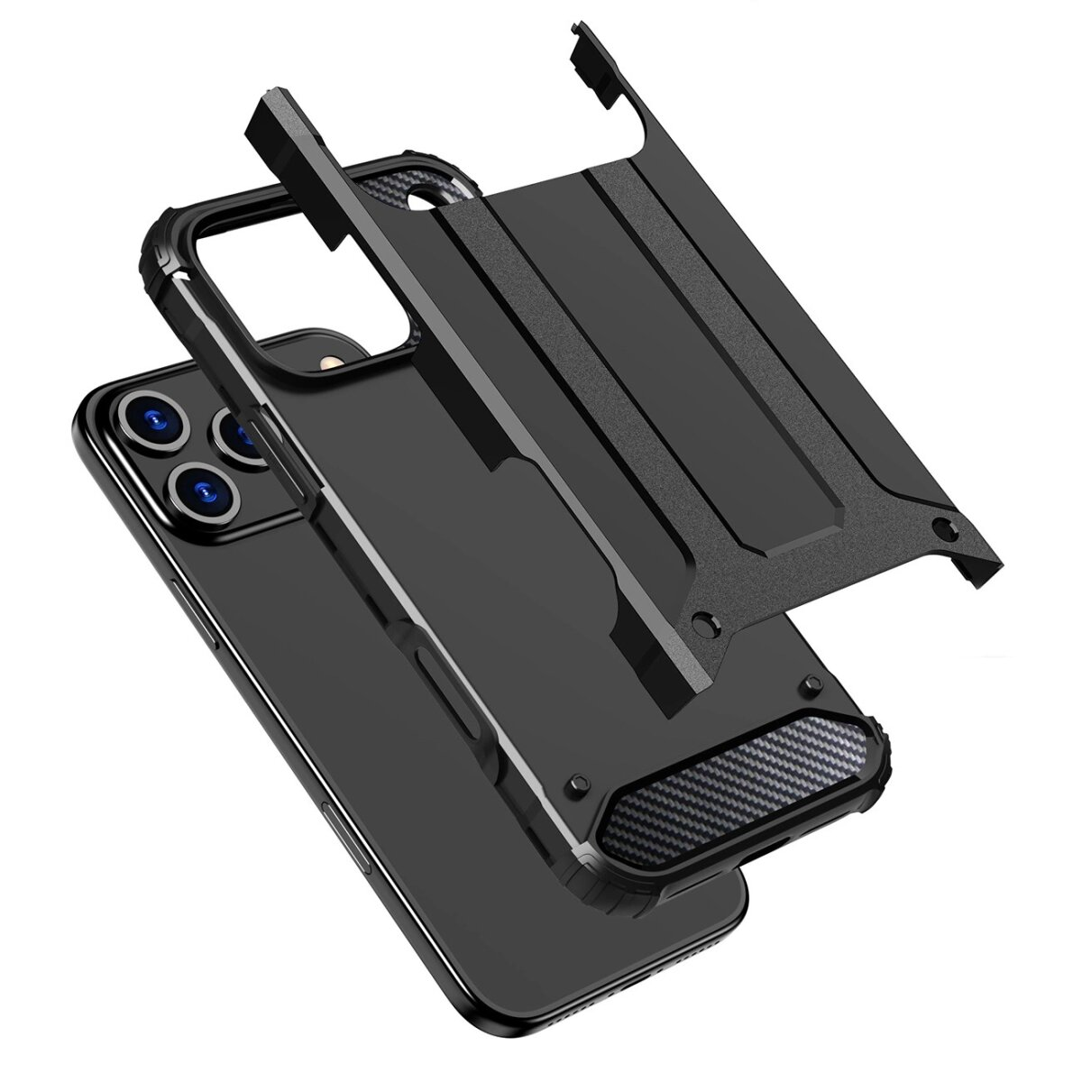 Eine schwarze Handyhülle wird mit auseinandergebauten Teilen gezeigt, die die Kameralinsen des Telefons freilegen. Die Hülle hat ein strukturiertes Design.