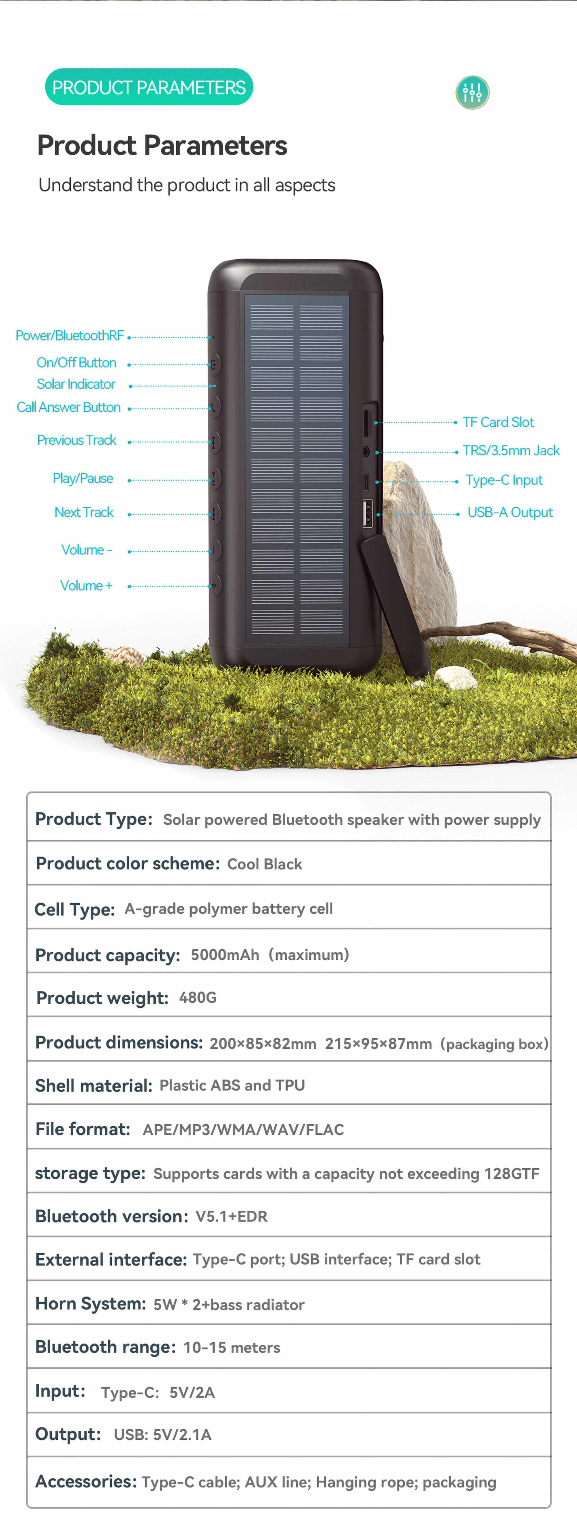 Ein schwarzer, solarbetriebener Bluetooth-Lautsprecher mit Spezifikationen, Tasten und einem Diagramm.