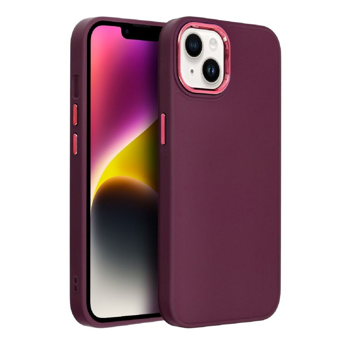 Dunkelrotes Handycase mit Telefon. Das Telefon hat ein farbenfrohes Display. Das Case schützt die Kamera.