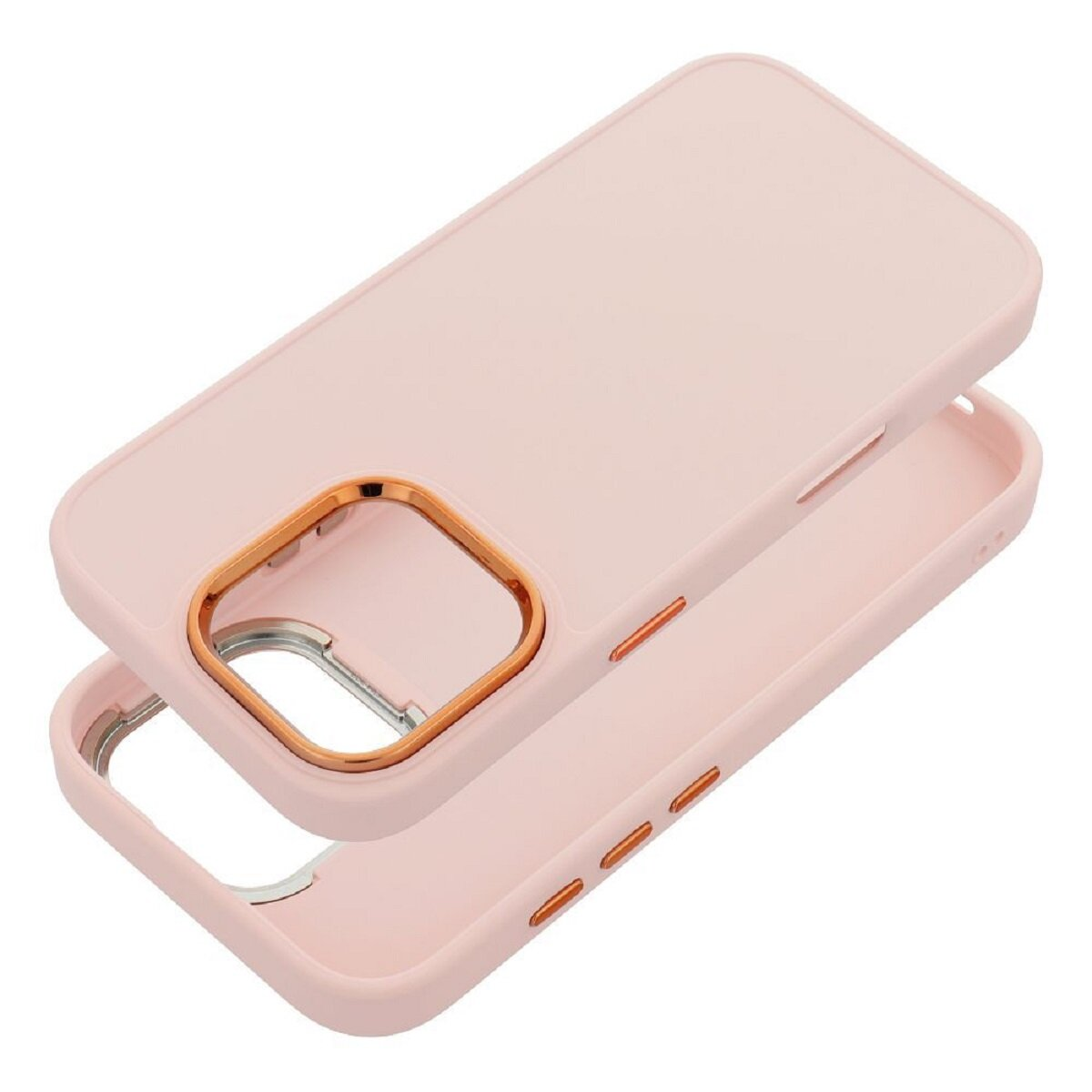 Zweiteilige rosa Handyhülle mit goldfarbenem Kamerarand. Das Oberteil ist teilweise angehoben und gibt das Innere frei. Knöpfe sind an der Seite.