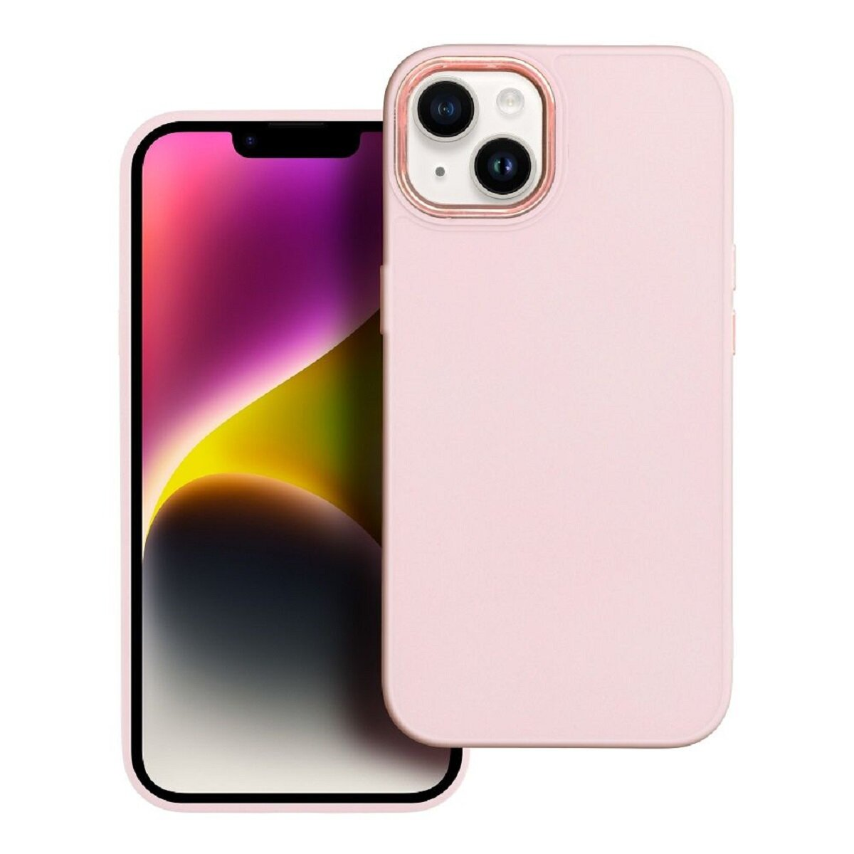 Ein rosa iPhone mit passender Hülle. Der Bildschirm zeigt ein farbenfrohes Bild. Die Hülle hat eine Kamerawölbung.