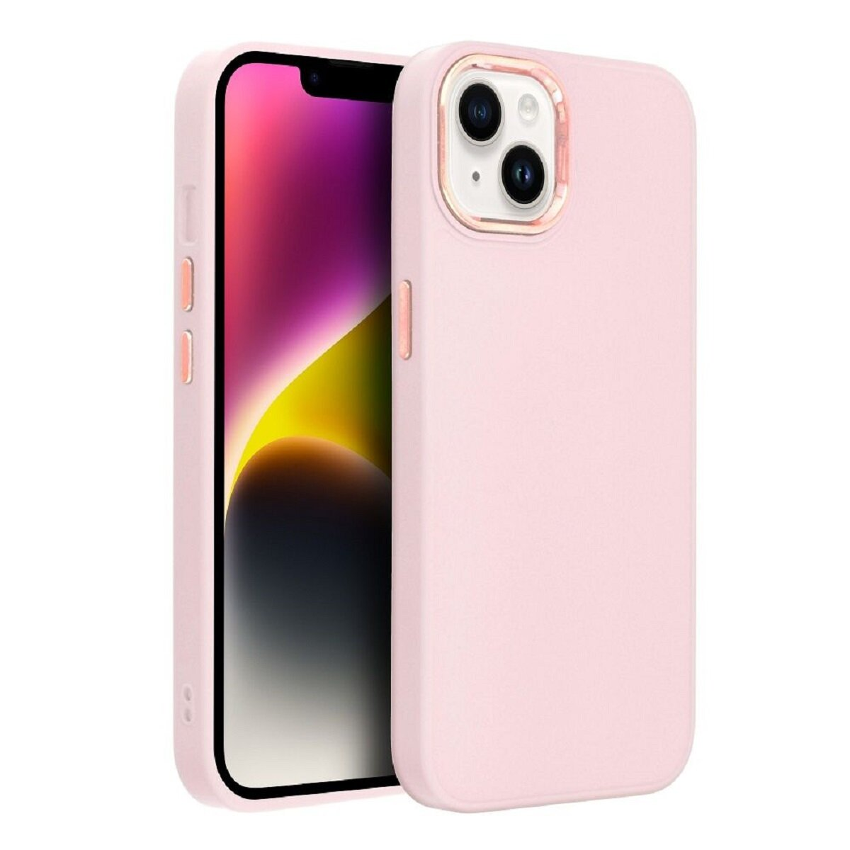 Ein rosa iPhone in einer rosa Hülle. Der Bildschirm zeigt einen bunten Hintergrund. Die Hülle hat einen goldenen Kameraring und Knöpfe.