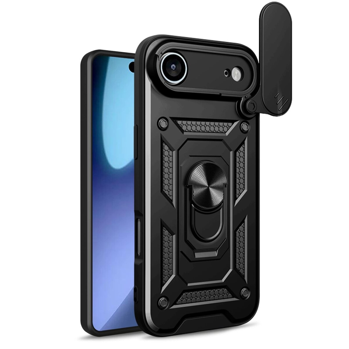 Schwarze Handyhülle mit Kameraschutz und Ringhalter. Telefonschirm sichtbar. Robustes Design.