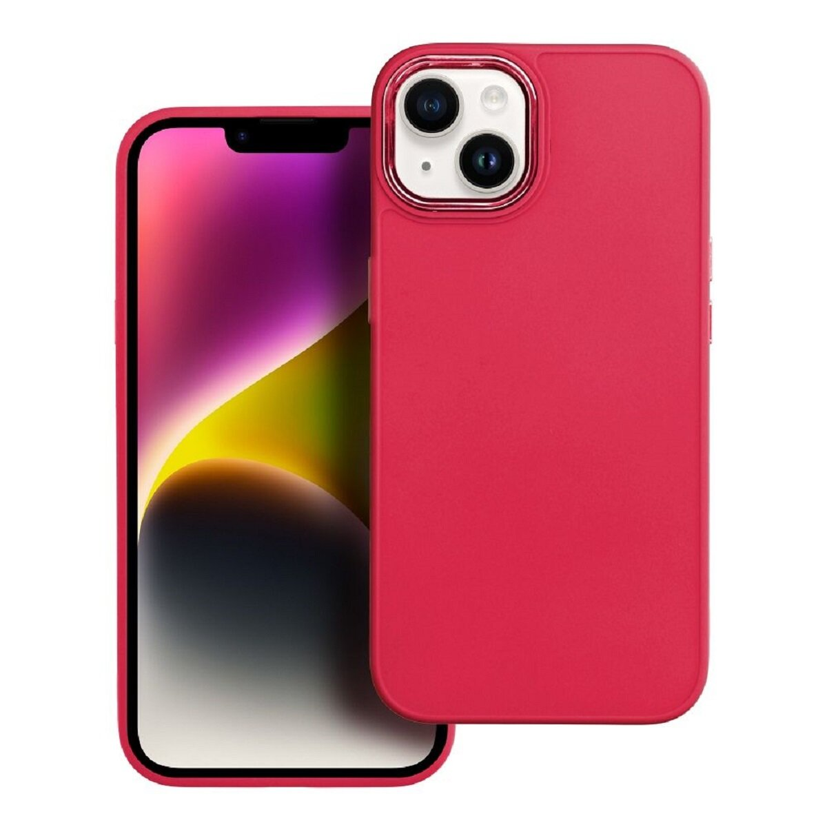 Ein iPhone mit roter Hülle, das ein farbenfrohes Hintergrundbild anzeigt. Die Kamera des Telefons ist sichtbar. Auch die Hülle ist rot.