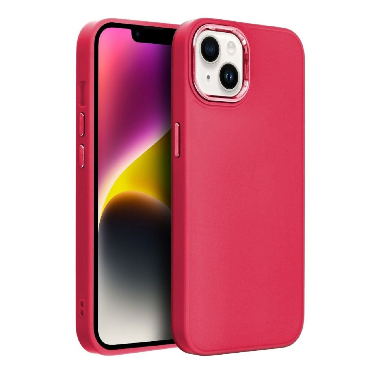 Ein rotes iPhone in einer passenden Hülle. Der Bildschirm des Telefons zeigt einen Farbverlauf. Die Hülle hat Tastenabdeckungen und Kameraausschnitte.