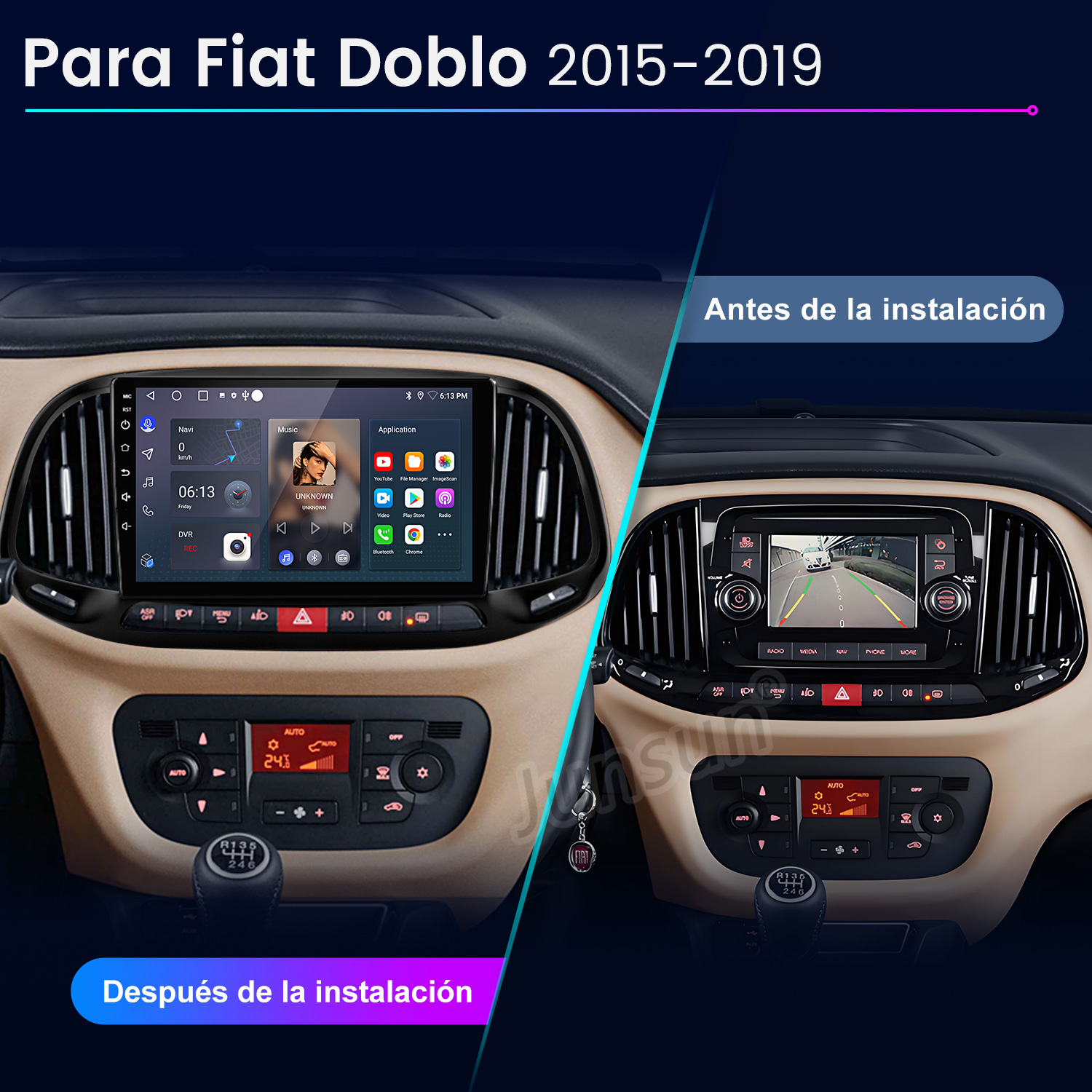 Interior del coche Fiat Doblo. Izquierda: Pantalla instalada. Derecha: Antes de la instalación. Muestra el salpicadero con navegación y panel de control.