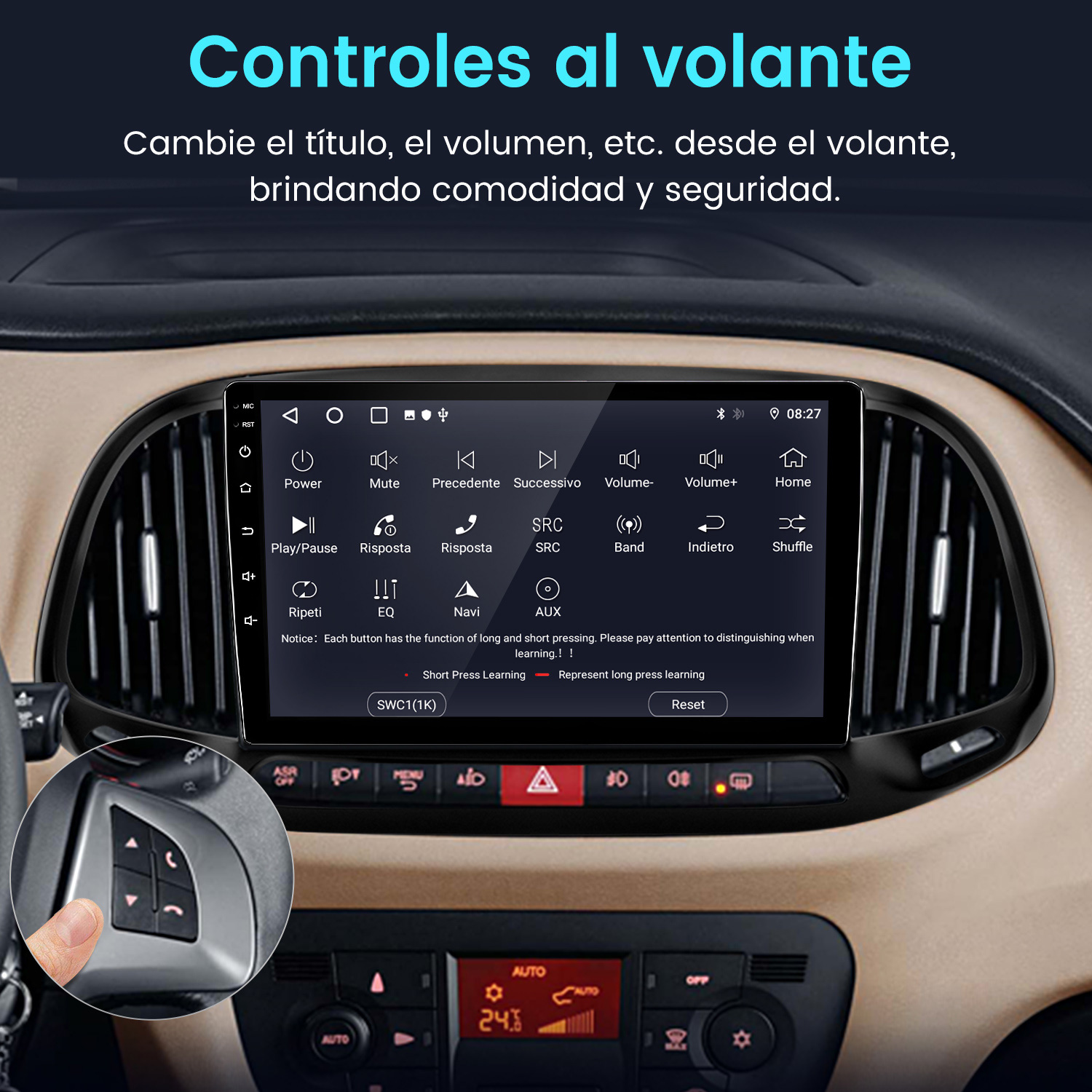 Pantalla de estéreo de coche con controles de botones y una mano presionando un botón en el volante. La pantalla muestra iconos.