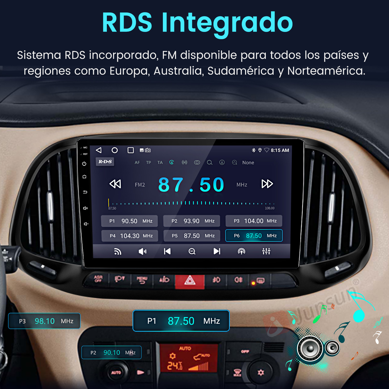 Pantalla de radio de coche que muestra información de radio FM. Muestra la frecuencia 87,50 MHz. También se ven botones y un reloj.