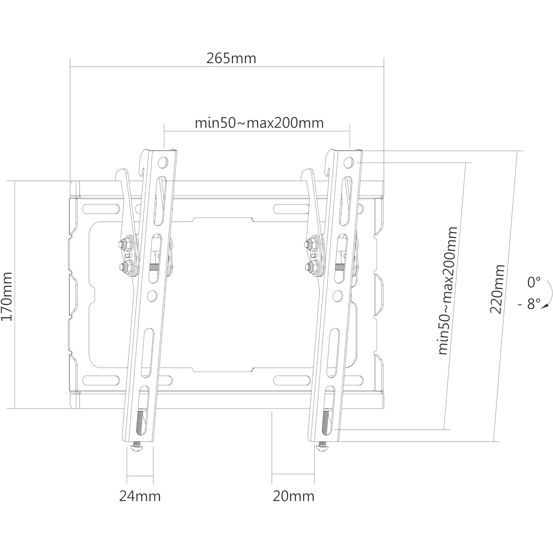 Dessin technique d'un support TV avec dimensions en millimètres : 265, 170, 220, 24, 20, min50-max200.
