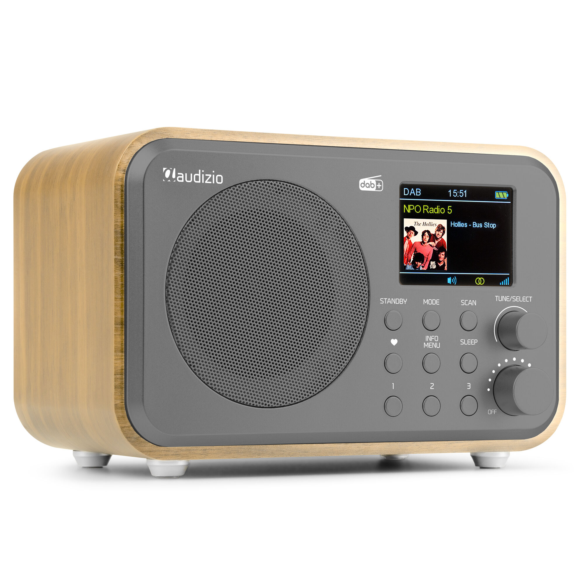 Radio de madera y gris con pantalla que muestra banda. Tiene botones y una perilla de sintonización.
