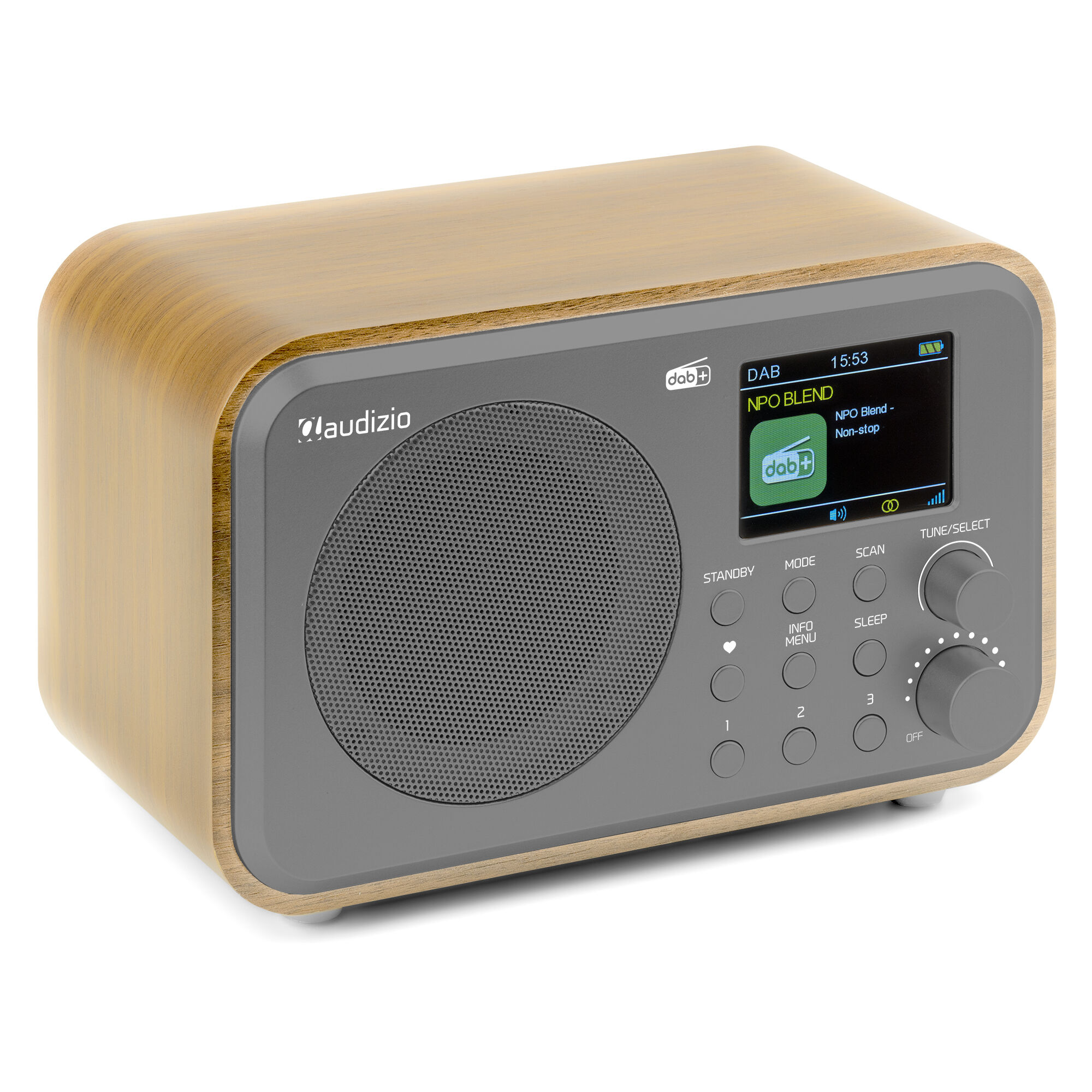 Una radio de madera con un panel frontal gris. Tiene una pantalla y botones para diversas funciones.