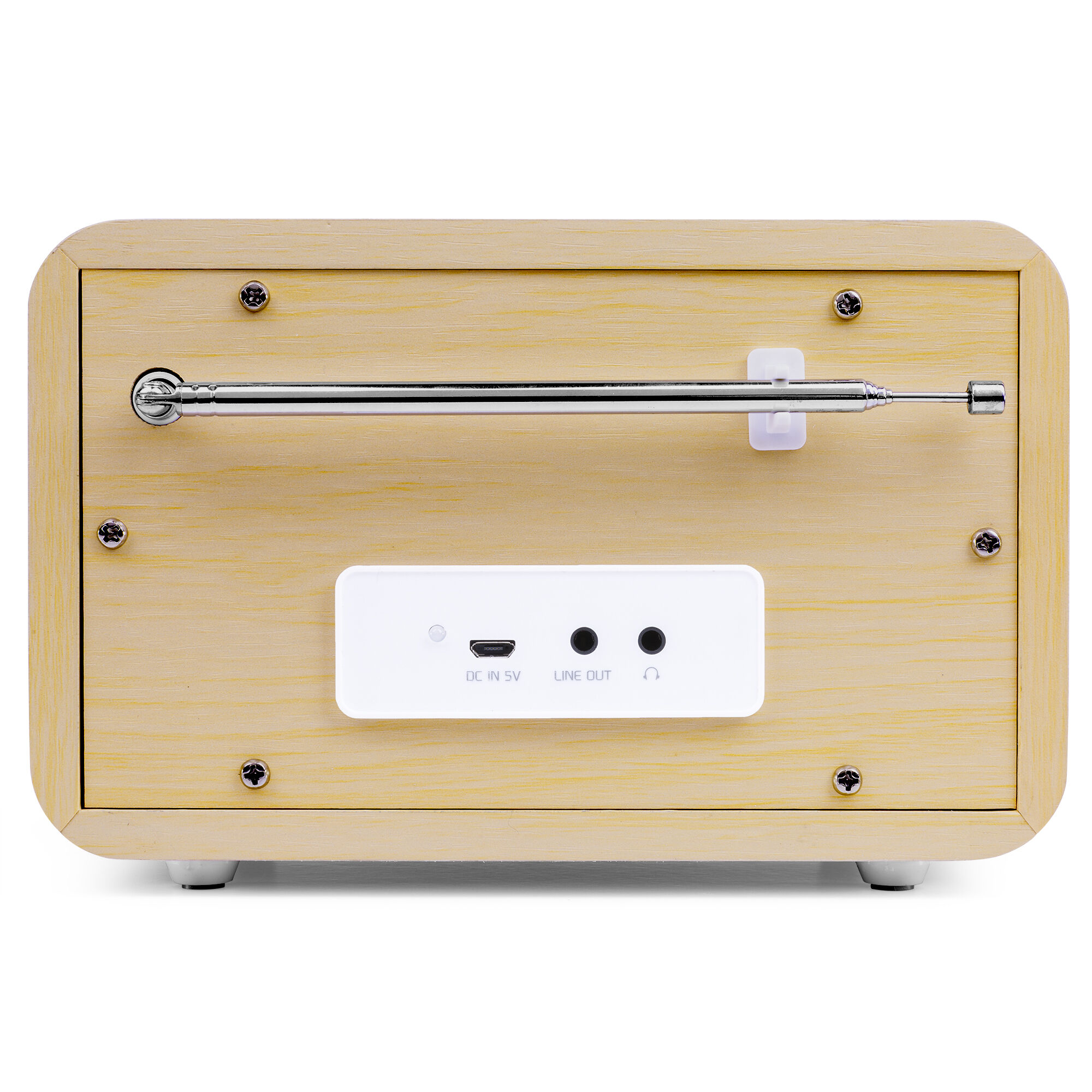 La parte trasera de una radio de madera muestra una antena de metal, tornillos y un panel blanco con puertos etiquetados: DC in 5V, Line out y un conector para auriculares.