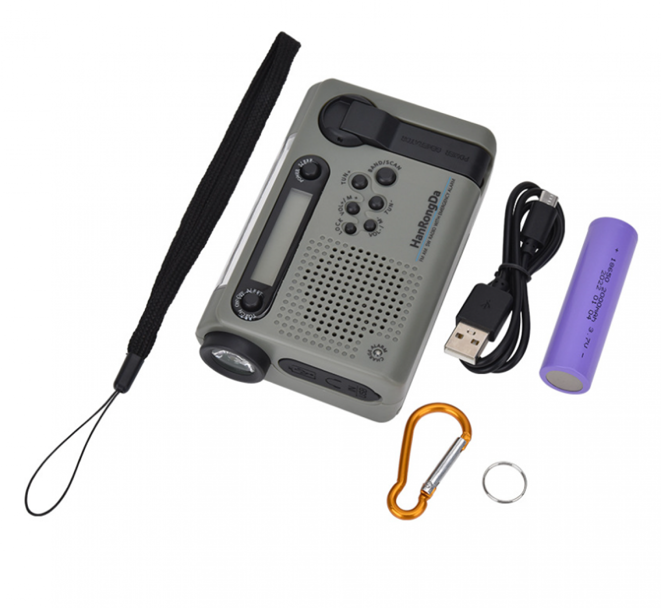 Ein graues Radio mit Taschenlampe, Riemen und lila Akku. Weitere Artikel sind ein Karabiner und ein USB-Kabel.