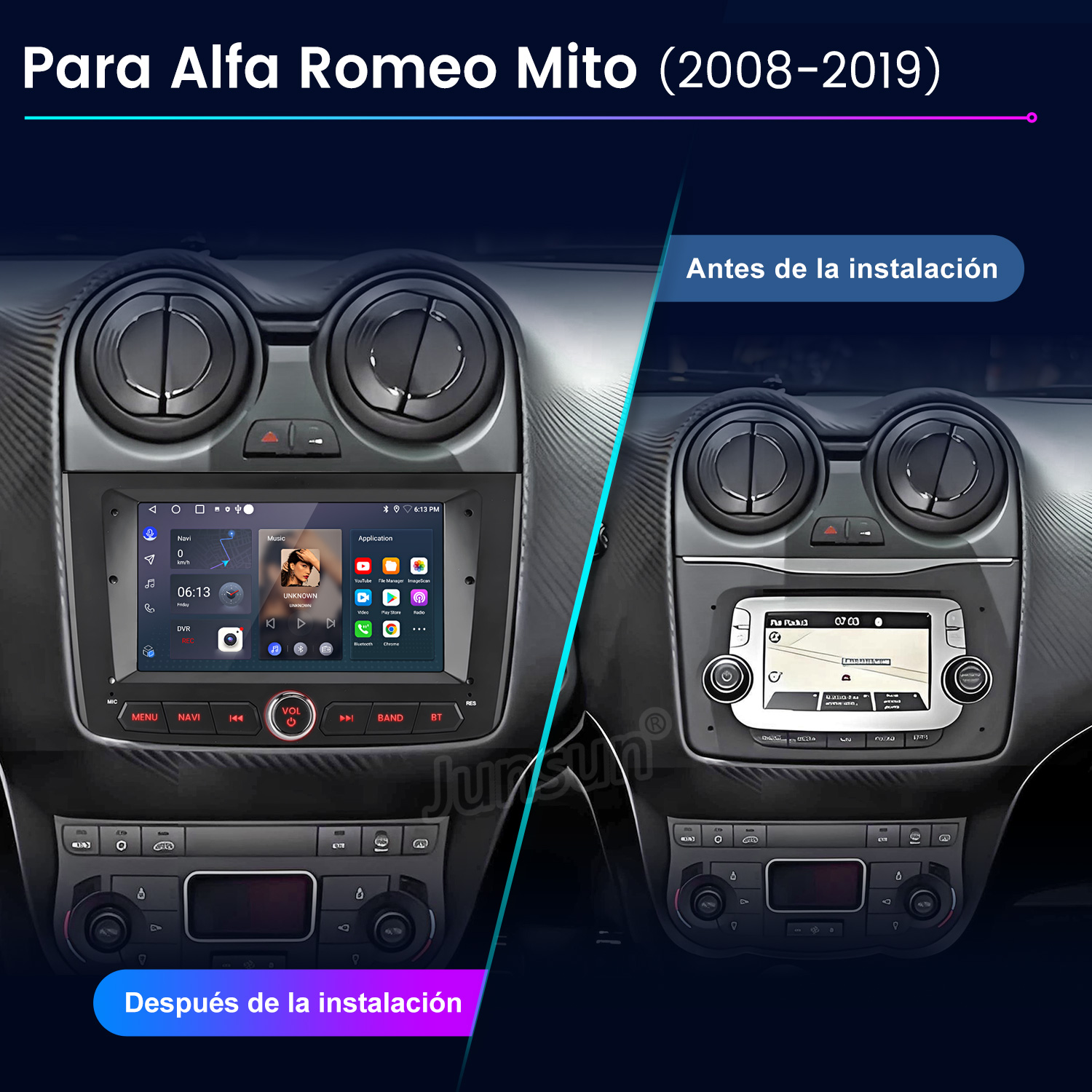 Panel del coche mostrando antes y después de la instalación de un nuevo sistema de infoentretenimiento, con pantalla mostrando navegación y medios.