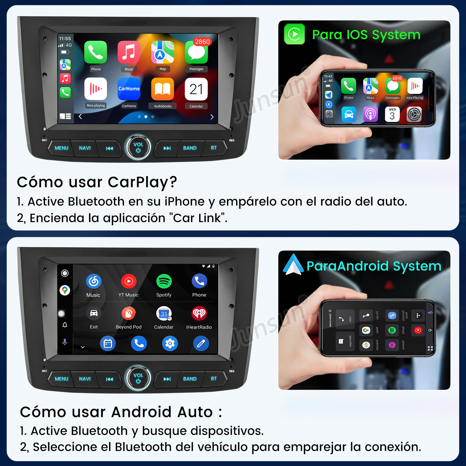 Estéreo de coche con pantalla táctil mostrando iconos de aplicaciones. Dos teléfonos muestran menús de carplay y android auto.