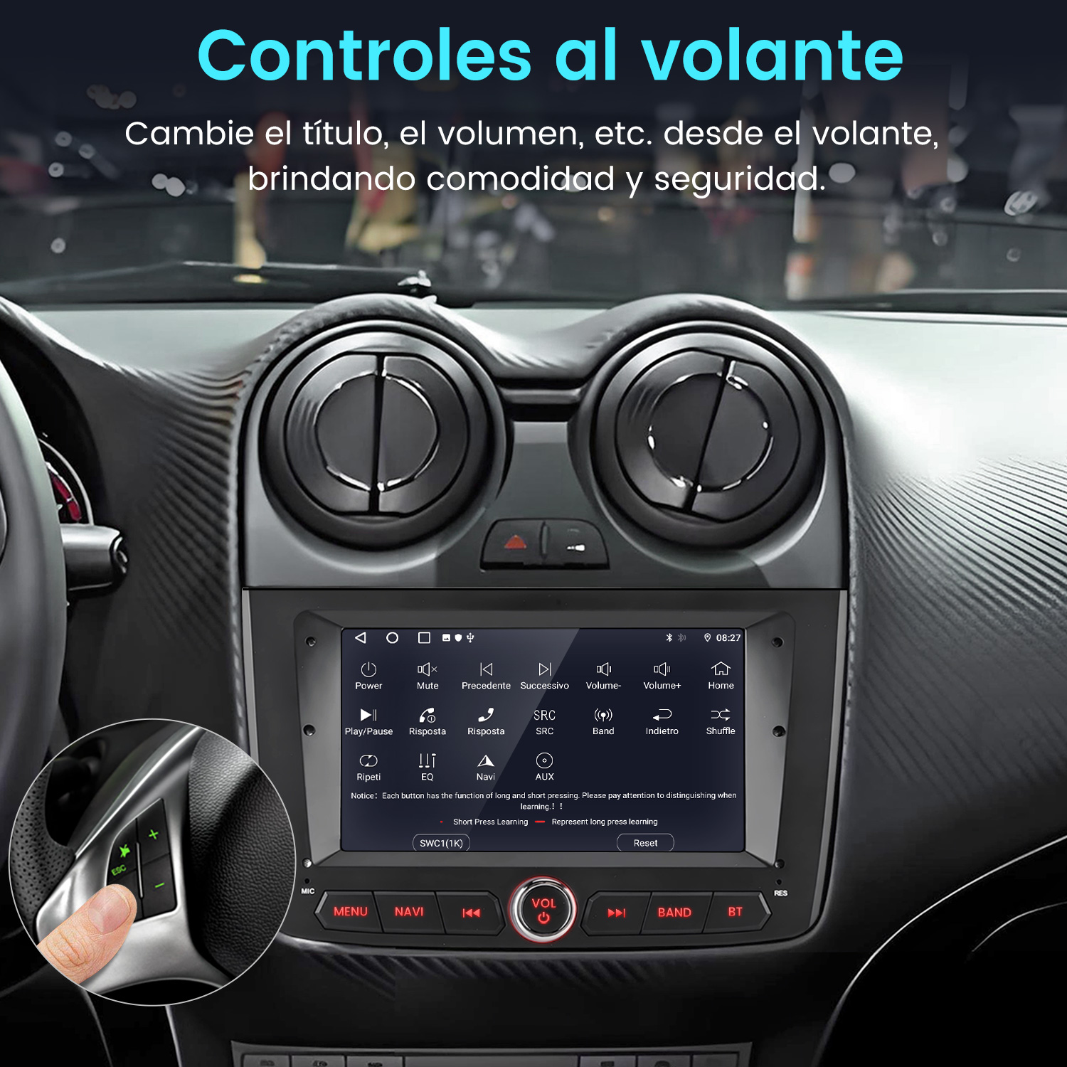 Panel de control del coche con pantalla, volante con botones y texto en español.