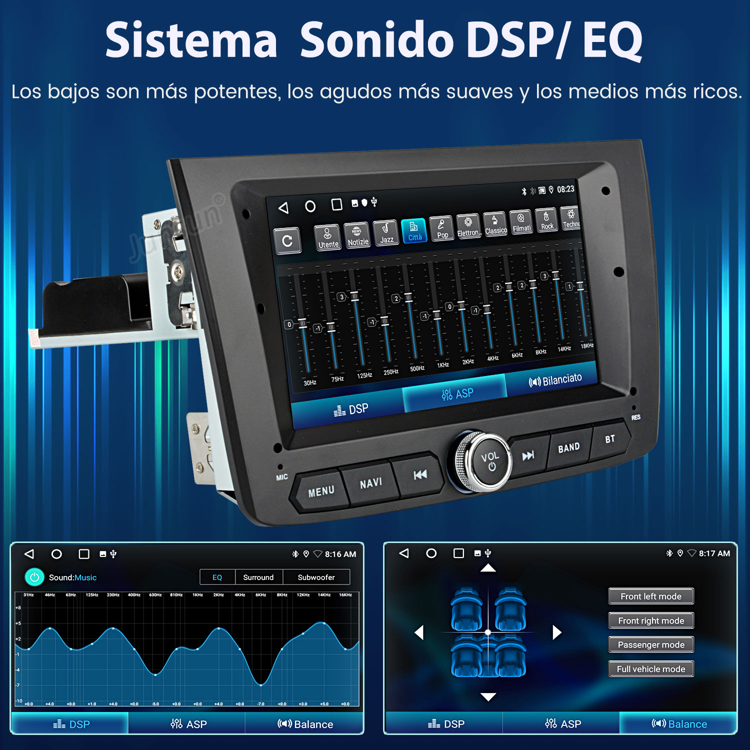 Pantalla de estéreo de coche que muestra la configuración de EQ y otras opciones de audio. Muestra ecualizador gráfico y botones.