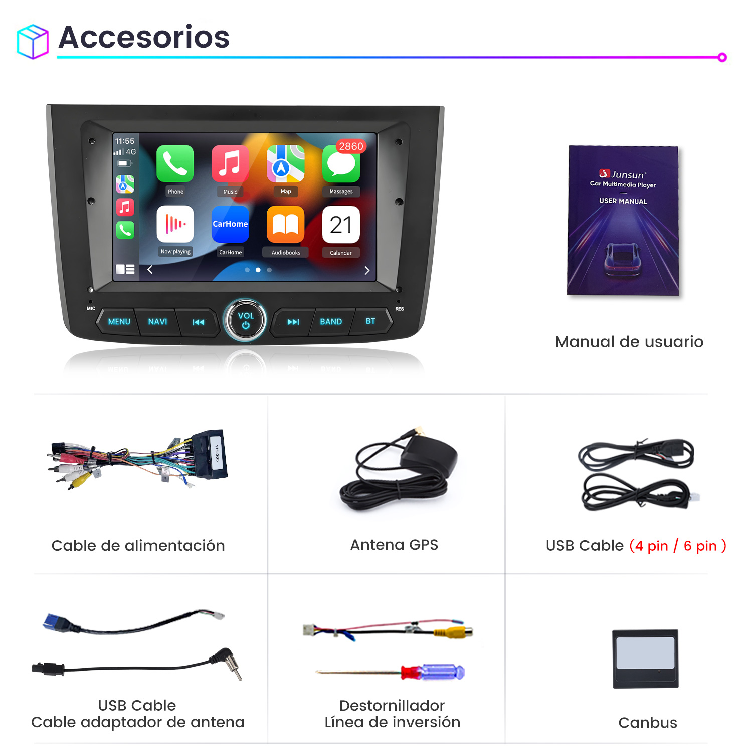 Reproductor multimedia para coche con accesorios: cables, antena GPS, manual de usuario y Canbus.