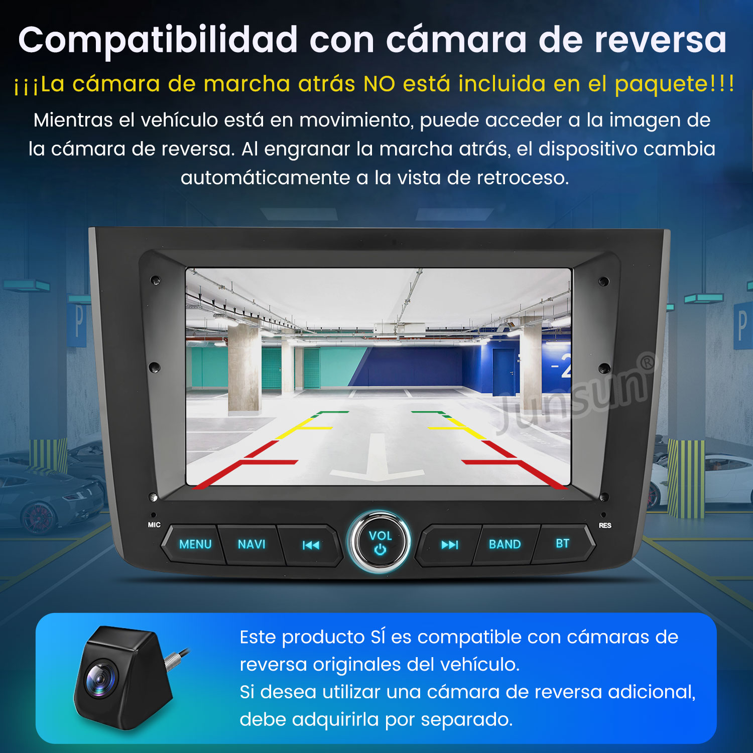 Pantalla de estéreo de coche que muestra una vista del estacionamiento. Se muestra una cámara de respaldo. El texto menciona la compatibilidad con las cámaras originales.