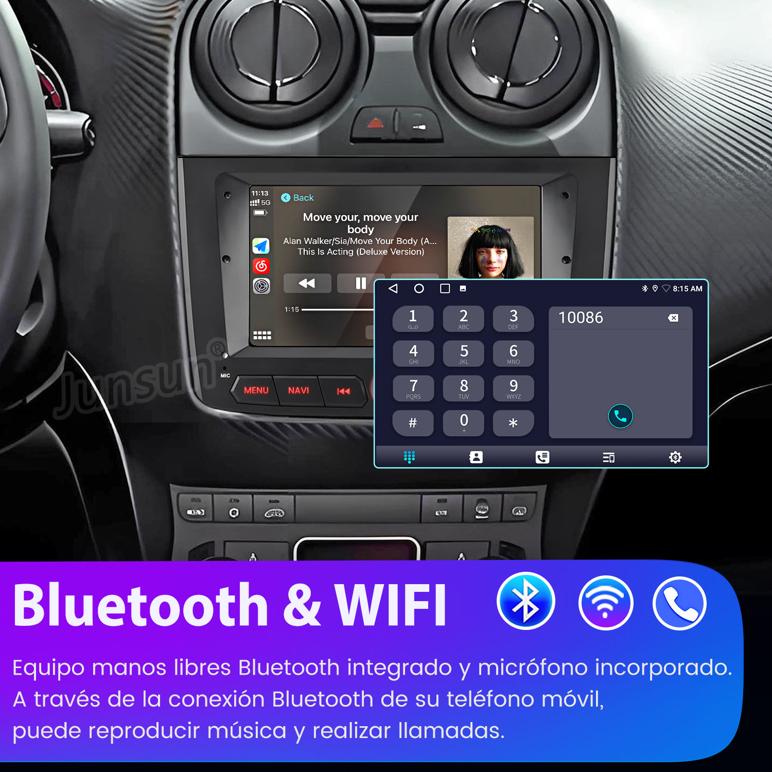 Pantalla de radio del coche que muestra un reproductor de música, un marcador telefónico e iconos de Bluetooth y WiFi. El texto dice Bluetooth integrado.