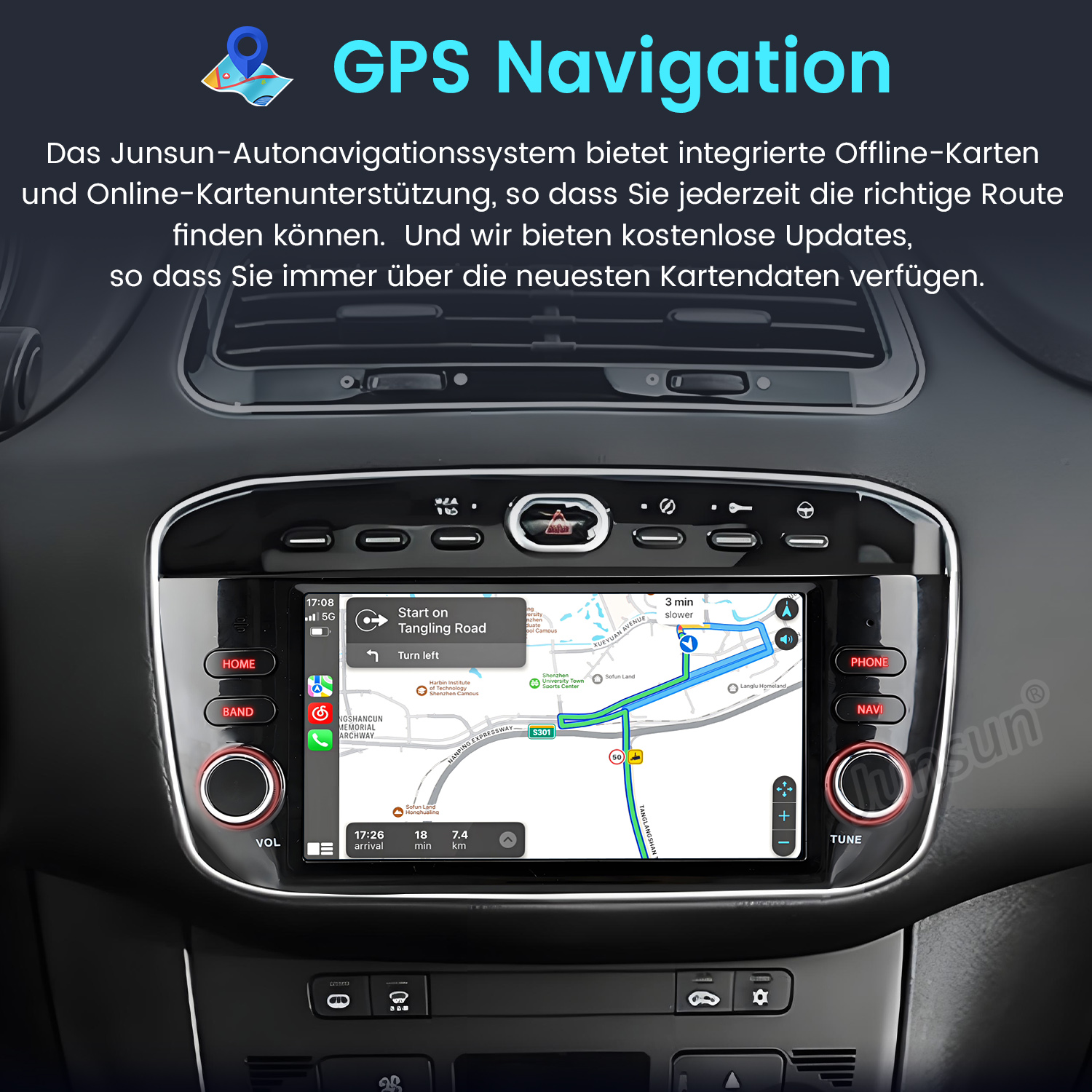 Autotafel zeigt GPS-Navigationskarte mit Routen, Knöpfen und Textüberlagerungen.