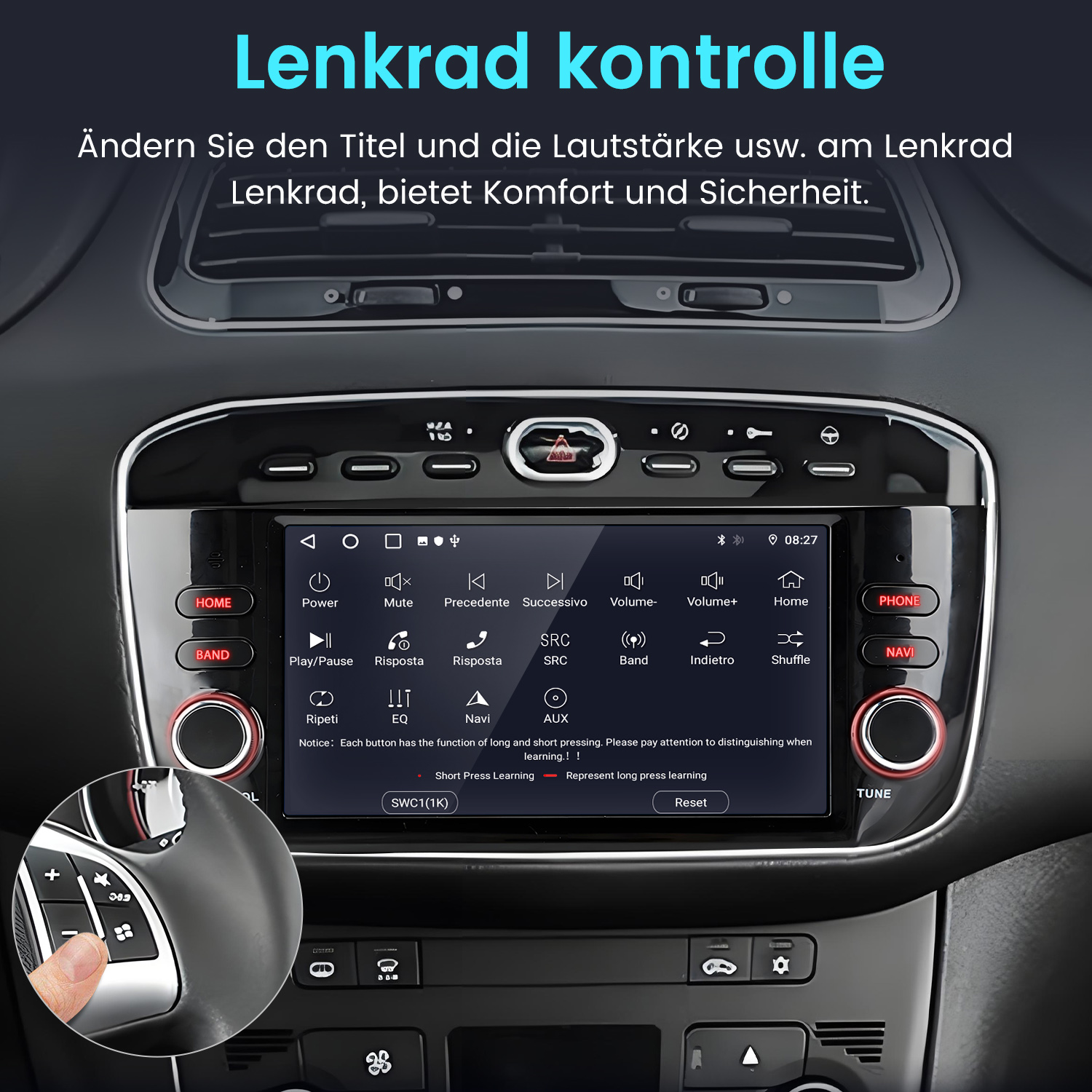 Aut Armaturenbrett mit Multimedia-Bildschirm, Tasten und Hand am Lenkrad zur Steuerung der Funktionen.
