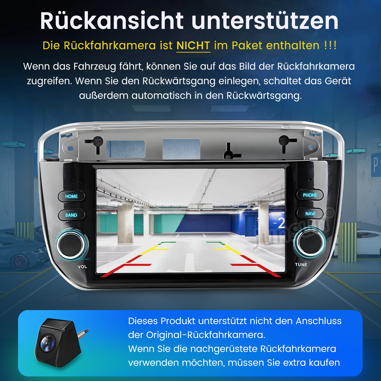 Autoradio mit Display, das die Parkansicht zeigt. Eine Rückfahrkamera wird angezeigt. Text auf Deutsch erklärt die Funktionen.