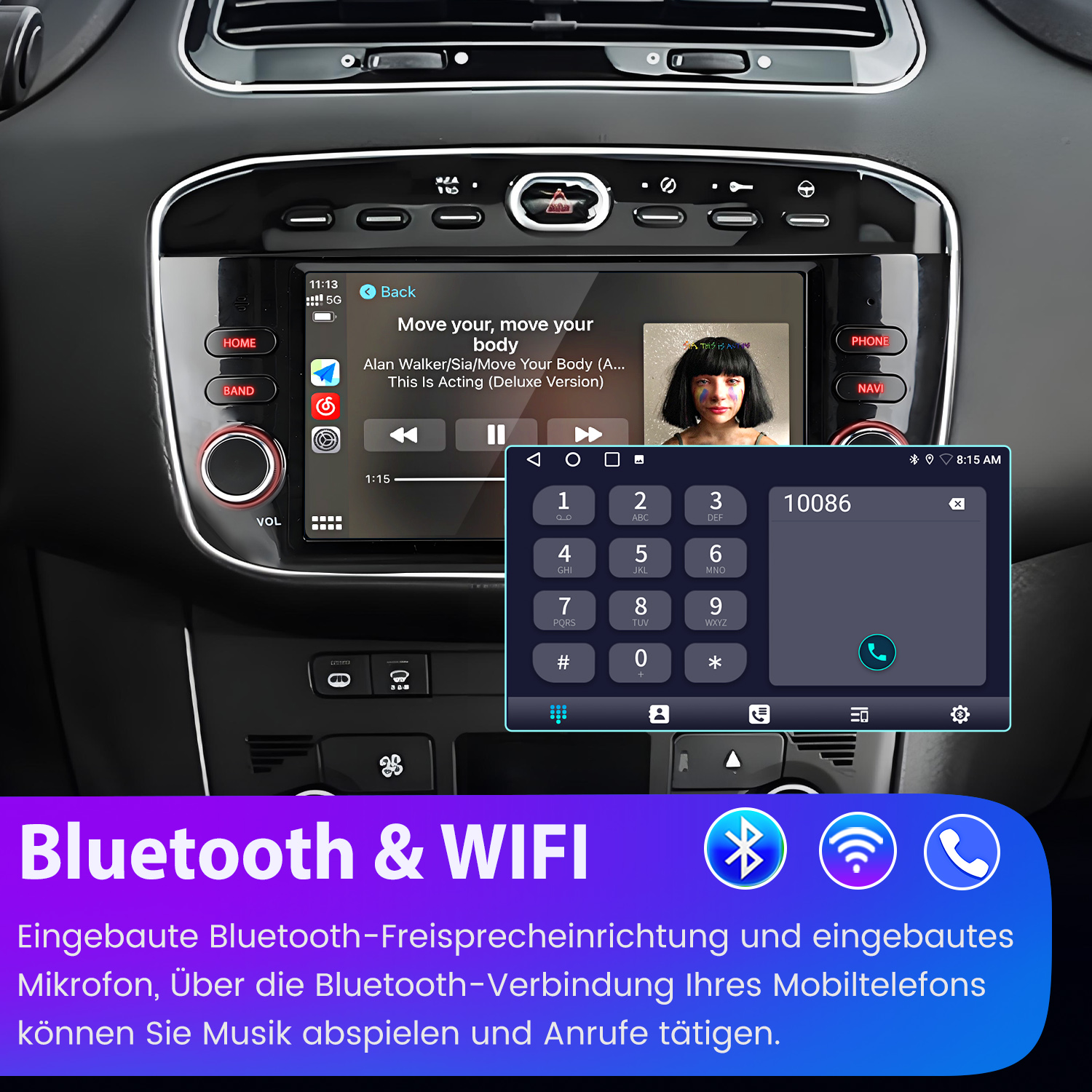 Autoinstrumententafel mit Musikplayer-Oberfläche und Telefonwählgerät. Bluetooth- und WLAN-Logos sind sichtbar.