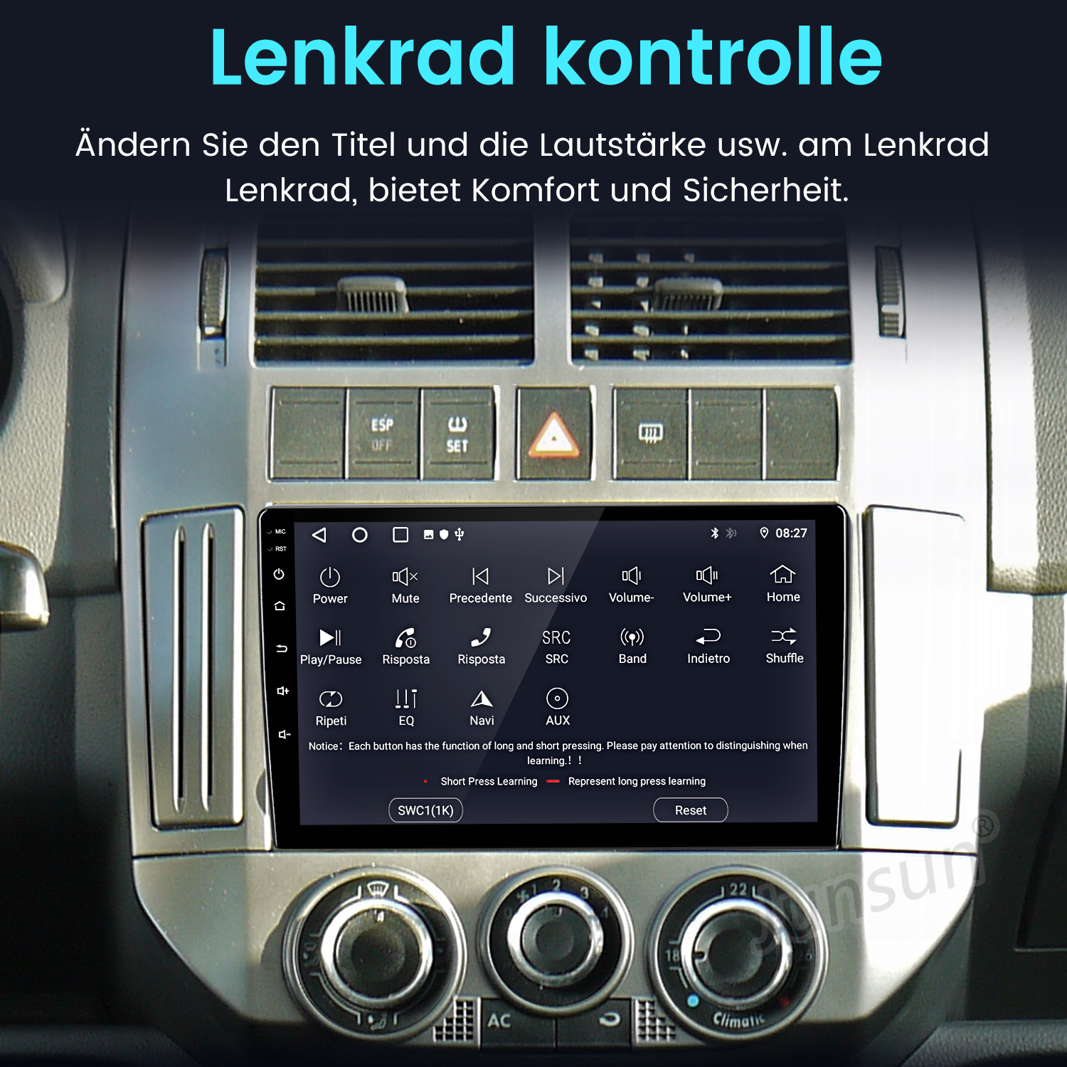 Autoradio-Bildschirm mit Bedienelementen. Tasten für Strom, Lautstärke und Navigation sind sichtbar. Das Armaturenbrett ist silber.