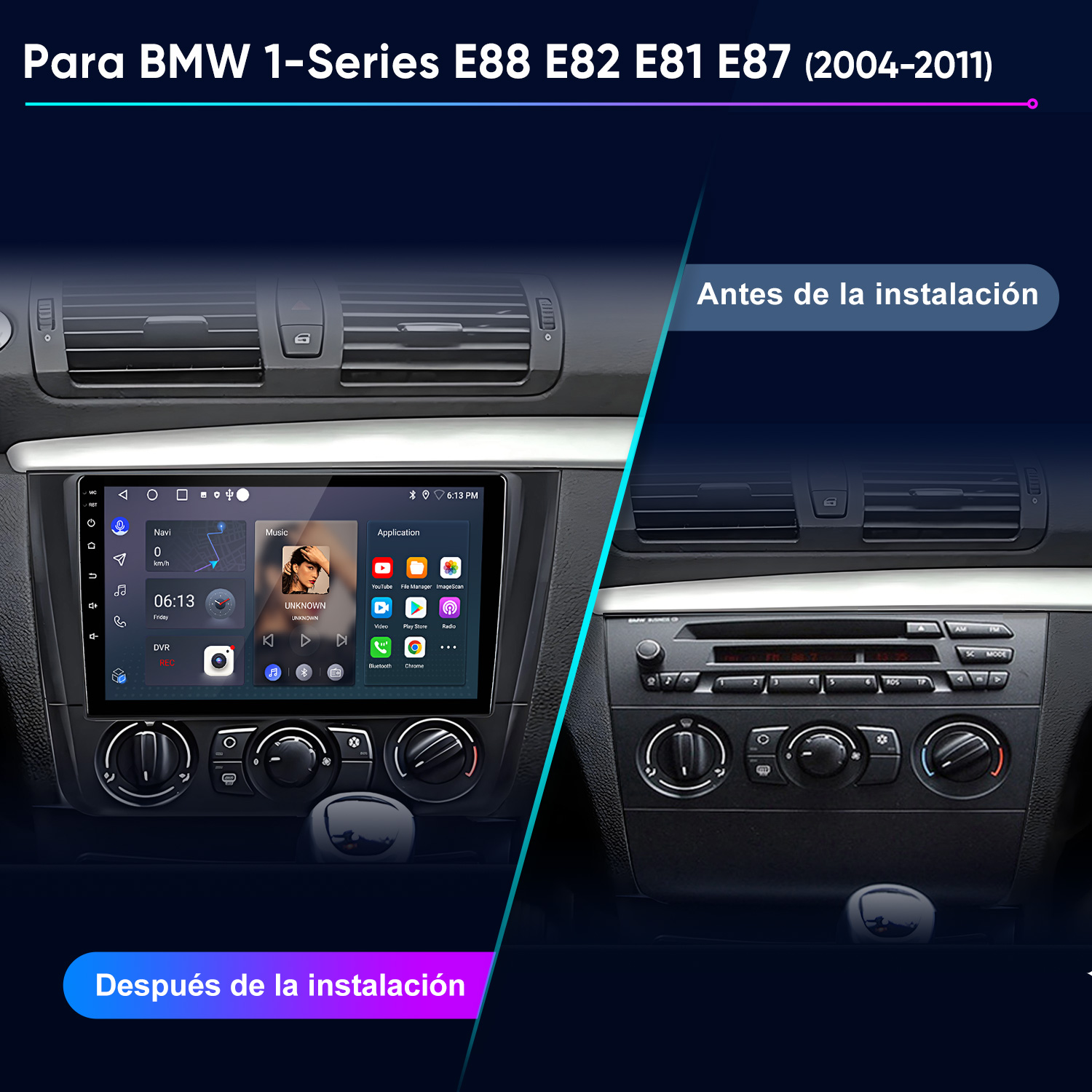 Imagen muestra el tablero del coche antes y después de instalar un nuevo sistema multimedia. Incluye pantallas con navegación, música y aplicaciones.
