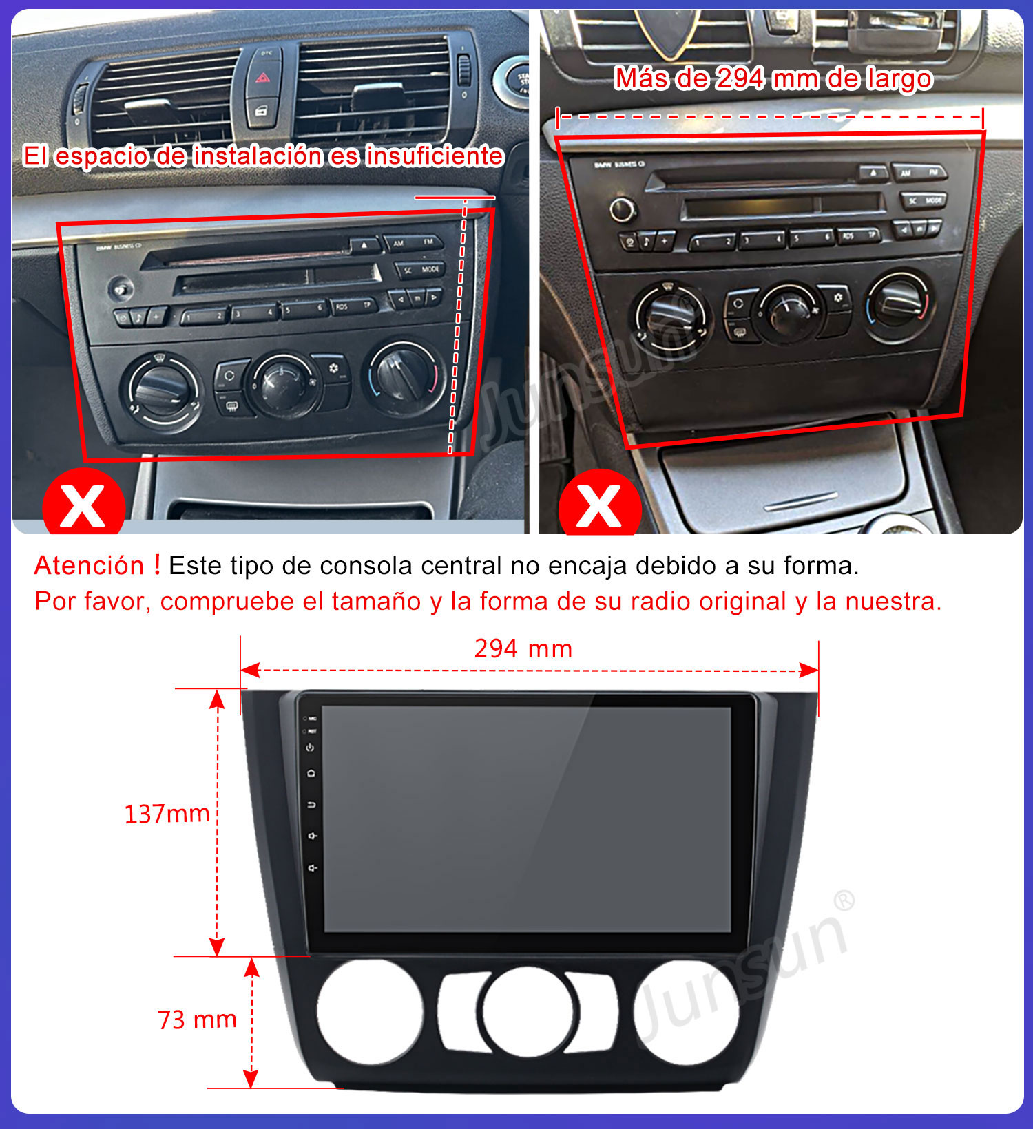 Imagen muestra componentes de radio de coche con marcadores de dimensiones. Texto indica incompatibilidad de instalación por tamaño y forma.