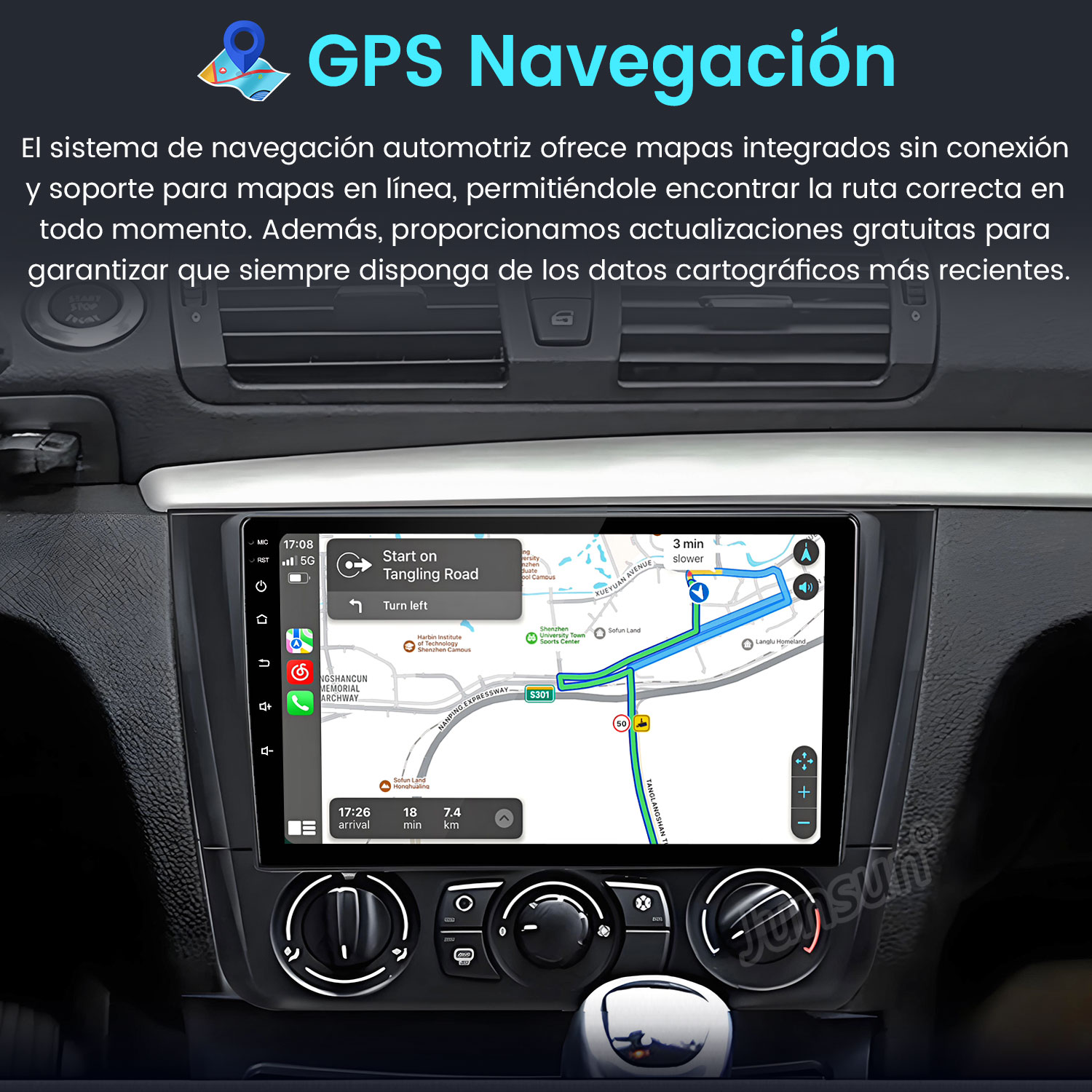 Pantalla del sistema de navegación del coche que muestra un mapa con indicaciones. Se ven varios botones y controles.