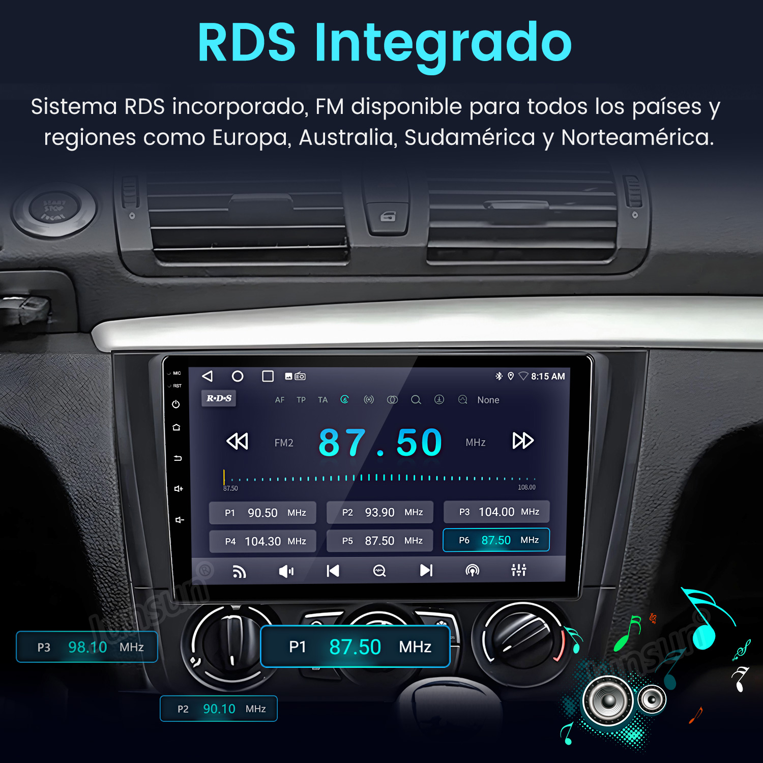 Pantalla de radio del coche que muestra la frecuencia FM 87.50 MHz. Se ven botones y diales. El fondo muestra parte del interior del coche.