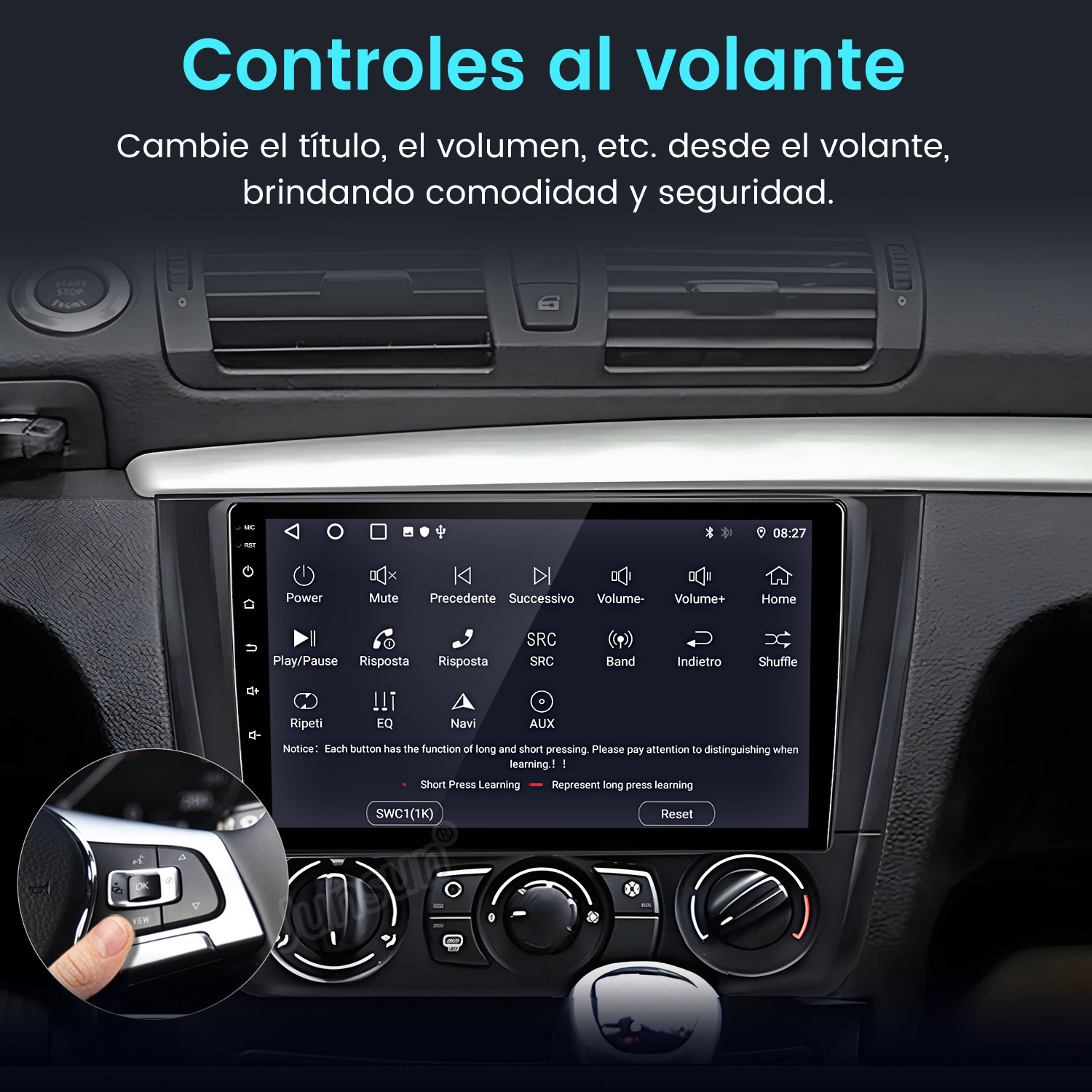 Panel del coche con pantalla táctil, controles del volante y rejillas de ventilación. La pantalla muestra varios botones para medios y configuraciones.