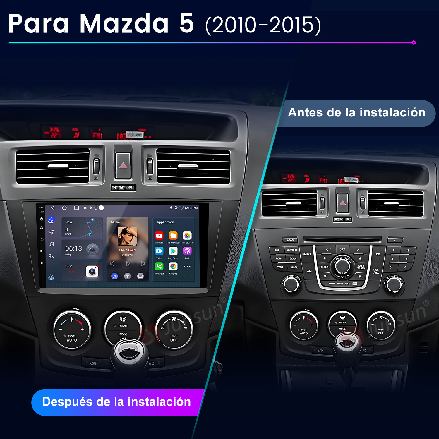 Comparación del salpicadero del coche antes y después de instalar un nuevo sistema de infoentretenimiento, mostrando controles y pantalla.