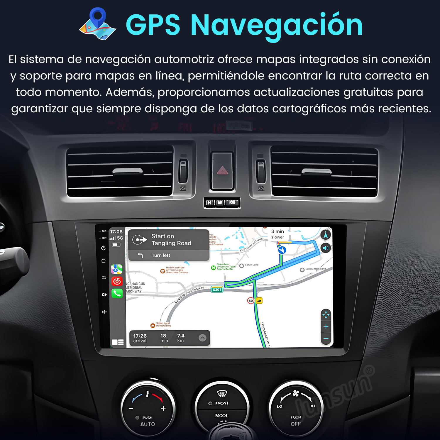 Panel del coche mostrando navegación GPS. La pantalla muestra un mapa con indicaciones de ruta. También son visibles los botones de control climático.