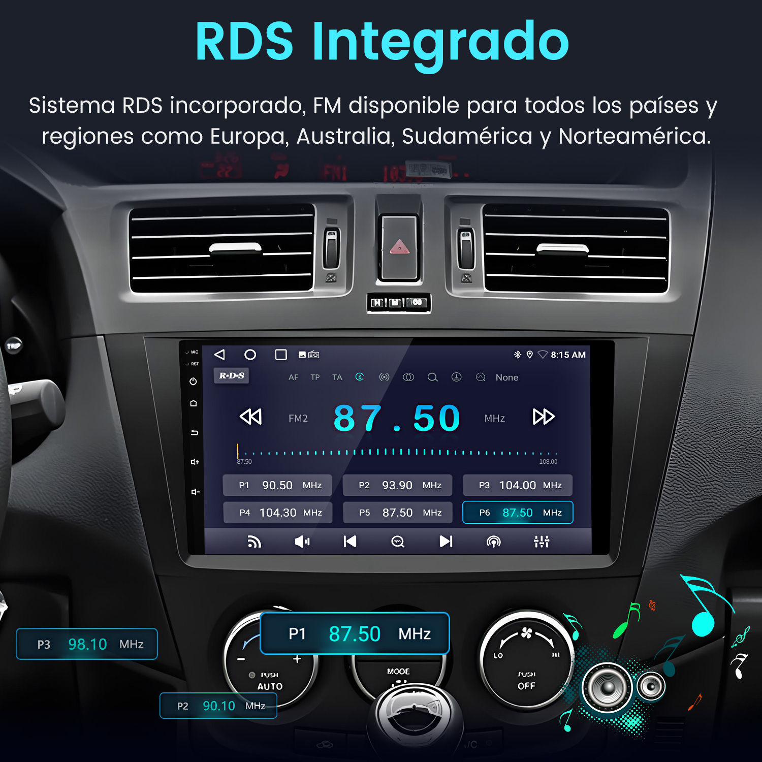 Autoradio con interfaz FM. Pantalla muestra 87.50 MHz. Botones y perillas para volumen y control de radio presentes.