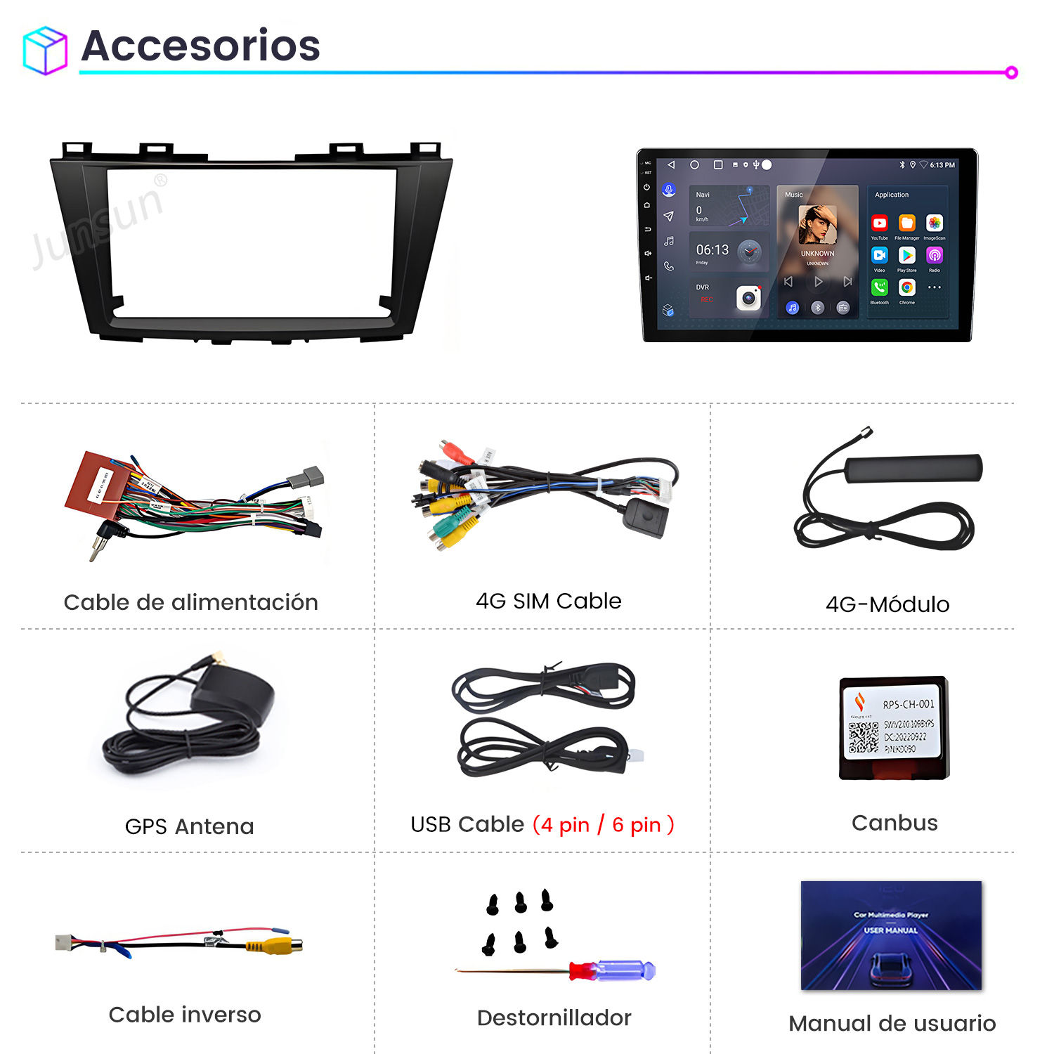Imagen muestra accesorios multimedia para coche: pantalla, cables, antena y manual del usuario.