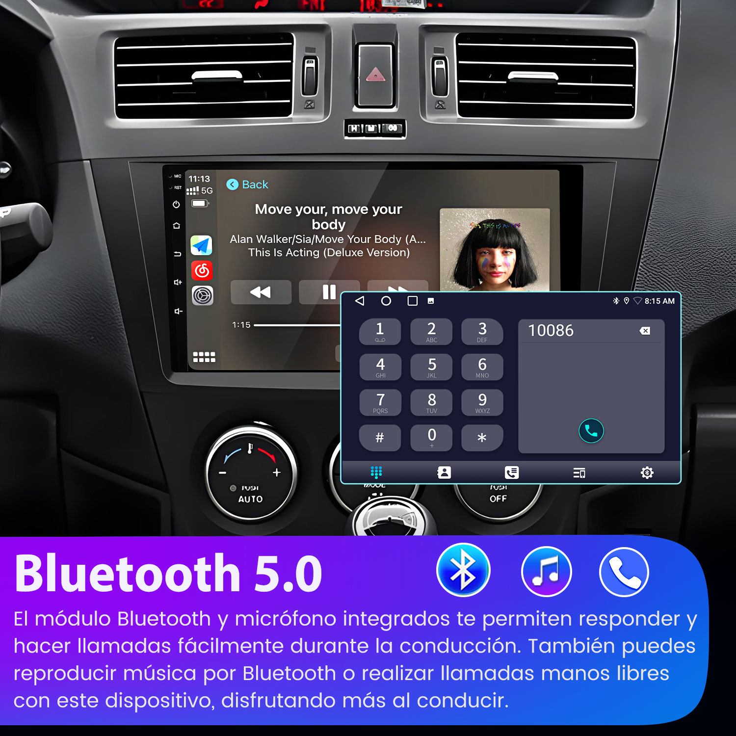 Pantalla de radio del coche que muestra la interfaz del reproductor de música, teclado telefónico e información de Bluetooth 5.0.