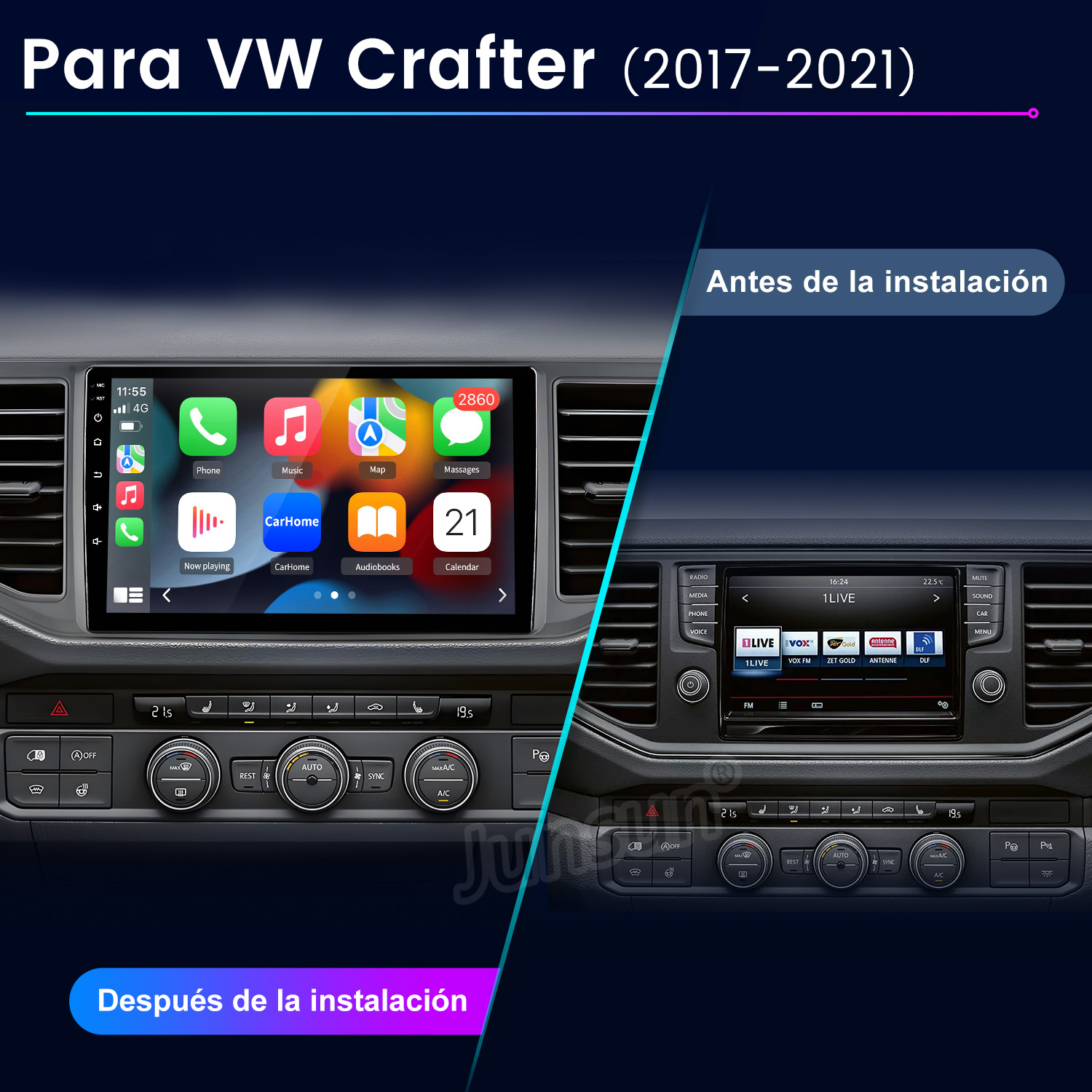 Imagen del tablero del coche: antes y después de la instalación de la radio. Pantalla muestra aplicaciones a la izquierda y radio a la derecha.