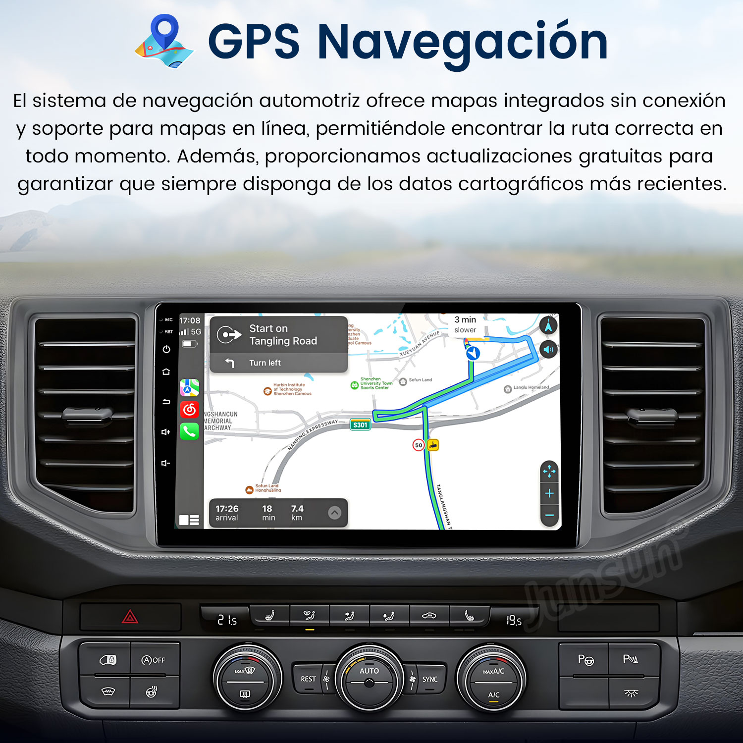 Tablero de coche con pantalla de navegación GPS. Mapa y guía de ruta. Botones y controles visibles.