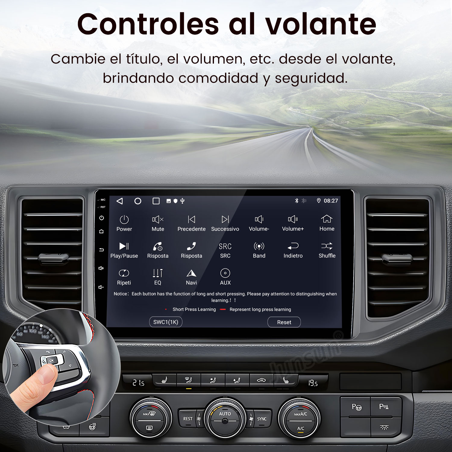 Interior de coche con pantalla táctil, controles en el volante y botones para audio y climatización.
