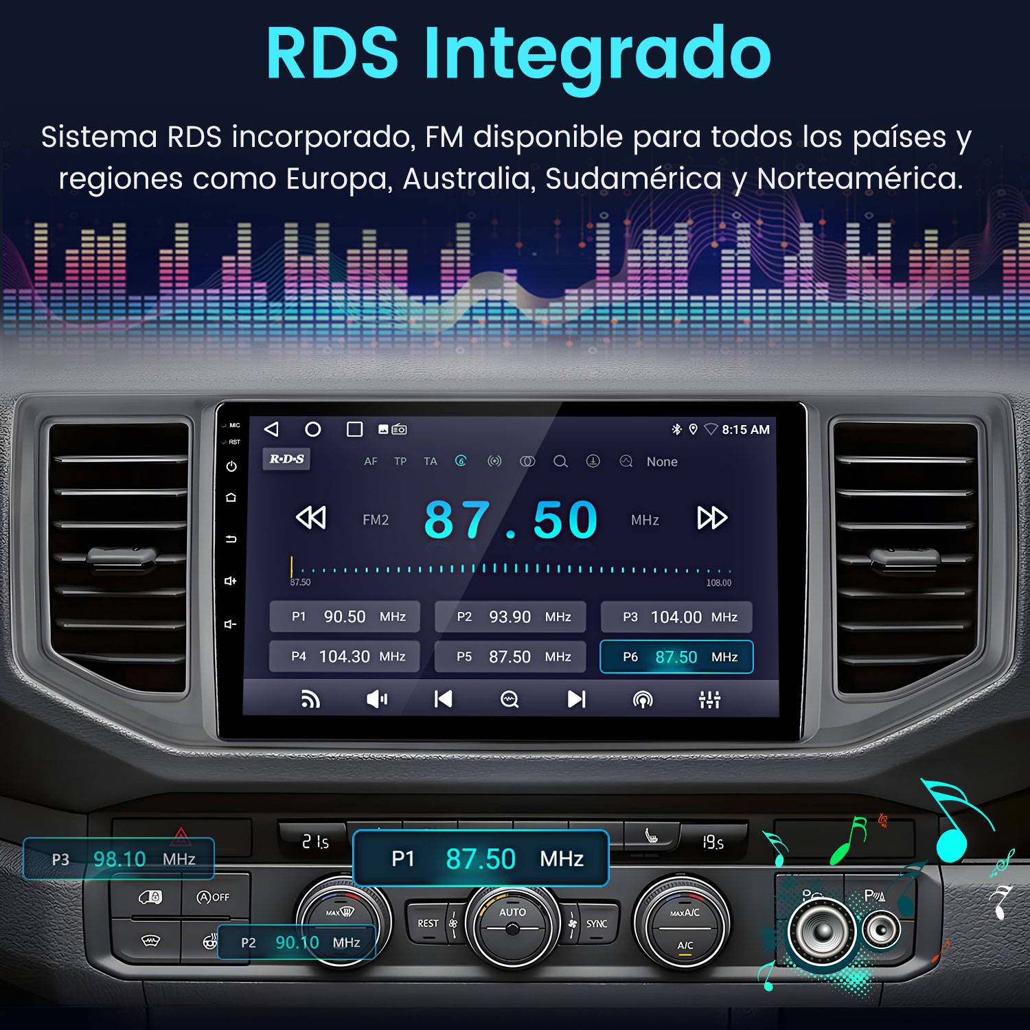 Pantalla de radio de coche mostrando la frecuencia FM 87.50 MHz, rodeada de botones y un salpicadero de coche, con notas musicales.