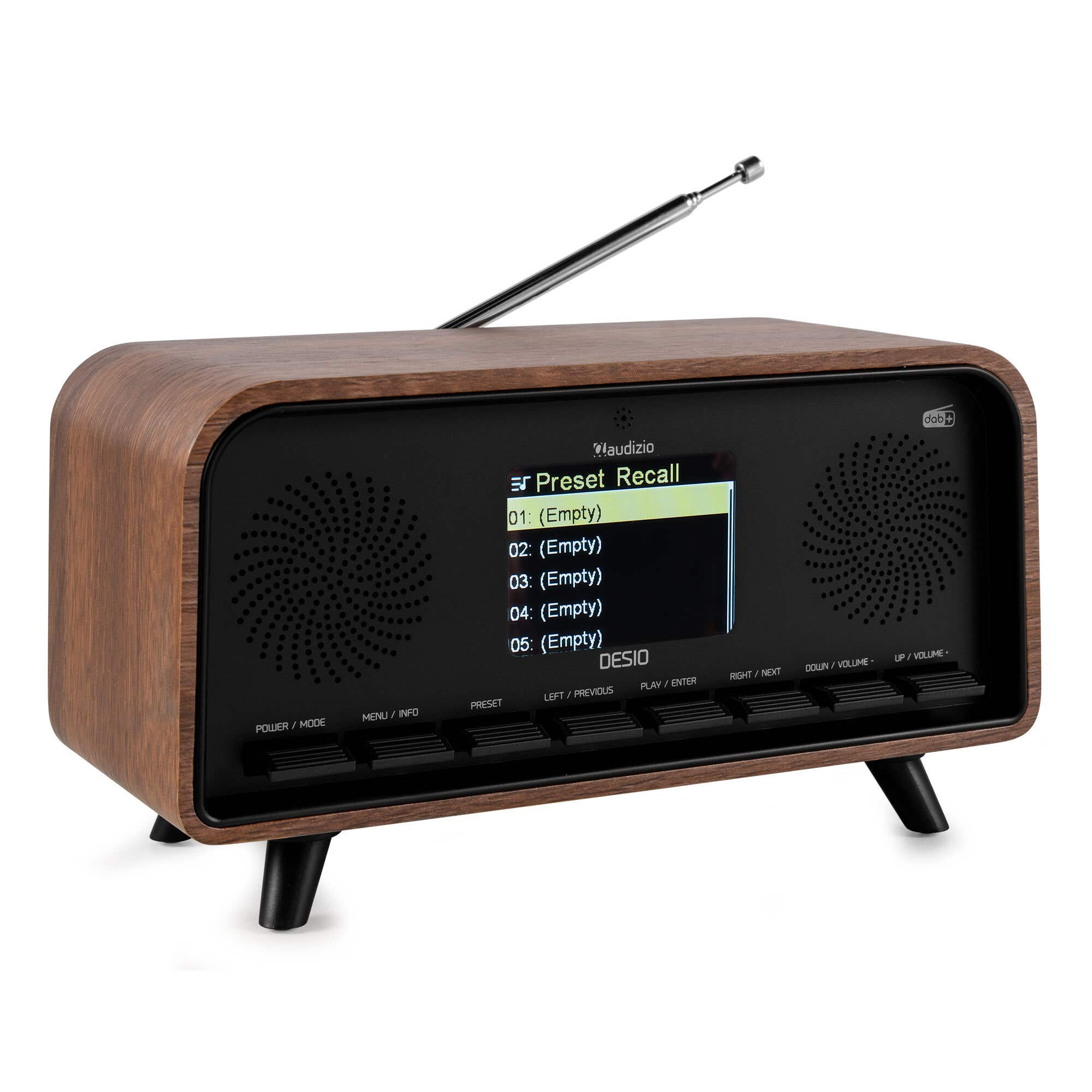 Holzradio mit schwarzem Display, das Voreinstellungen anzeigt. Es hat eine ausziehbare Antenne und Steuertasten.