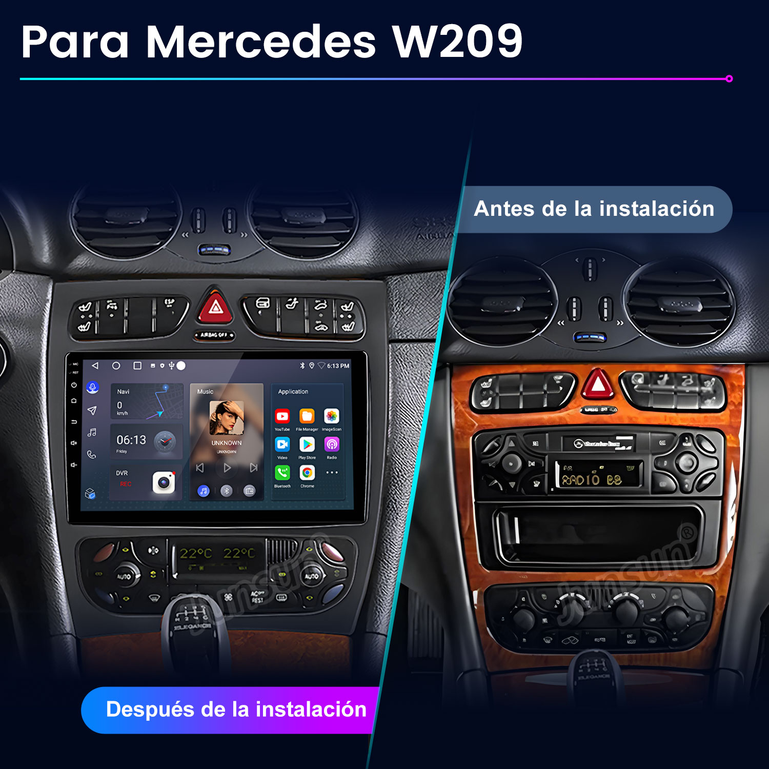 La imagen muestra el salpicadero de un coche antes y después de instalar un nuevo sistema multimedia. El nuevo sistema incluye una pantalla y nuevos controles.