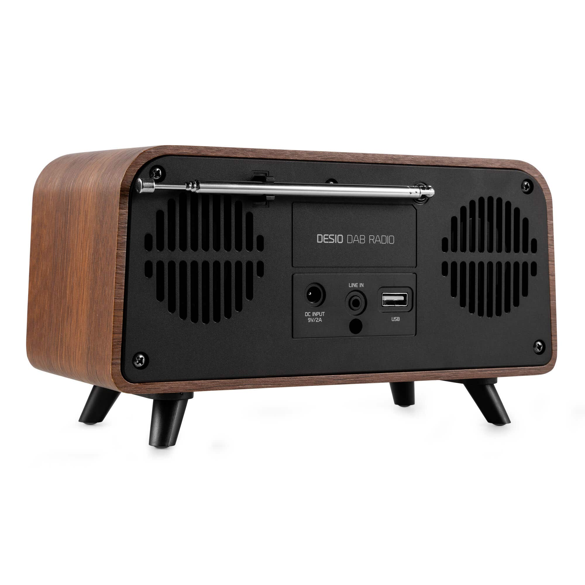 DAB-Radio aus Holz mit schwarzer Rückseite. Es hat Lautsprechergitter, Antenne und Anschlüsse für Line-In und USB.